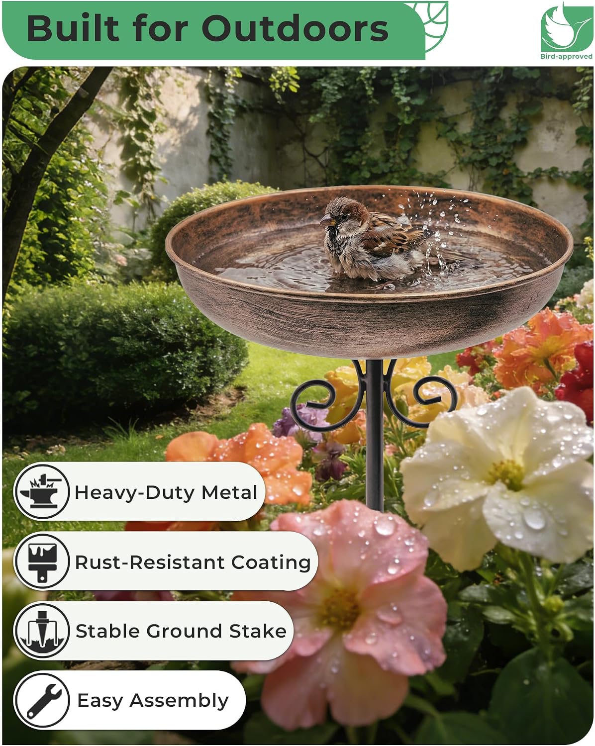 Detalle 2 de OUISJYER 1 10-Inch Metal Bird Bath with 5-Prong Stake, Adjustable Height