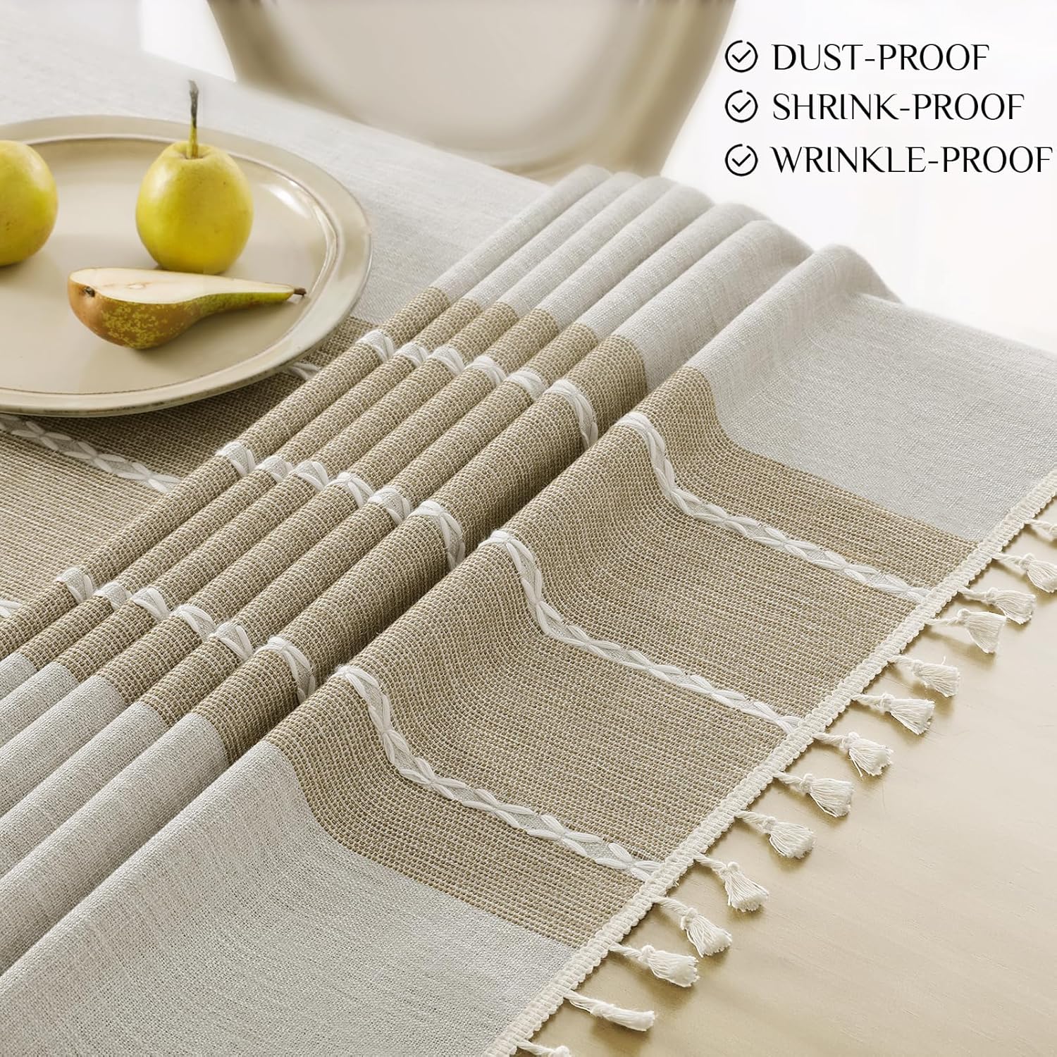 Thumbnail 4 de Softalker Outdoor Tablecloth Rectangle (Waterproof Linen Cotton) with Tassels, 55 x 70 Inch — Coffee Lines