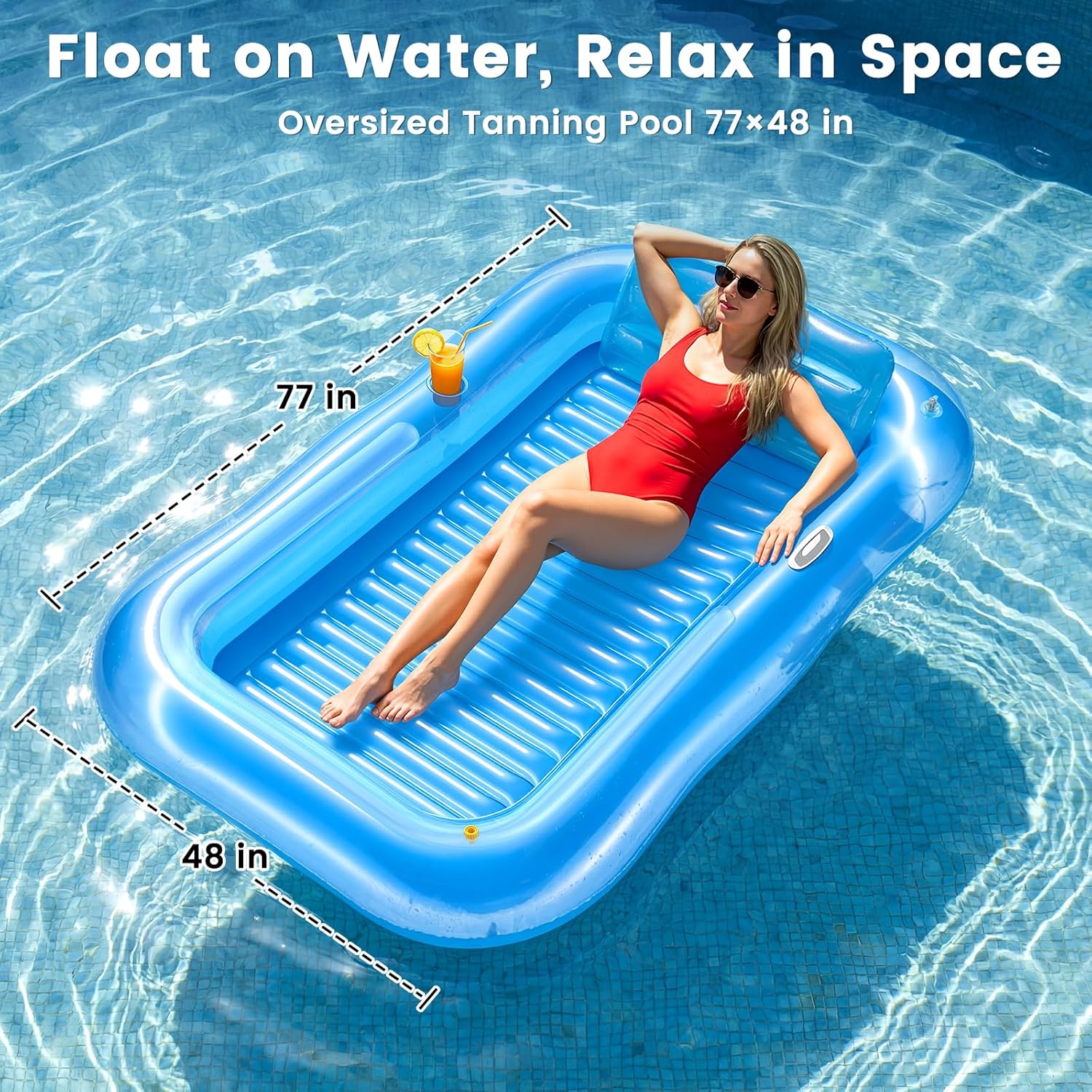 Detalle de Inflatable Tanning Pool Lounger Float with Sprinkler — 77" x 48" XL for Adults