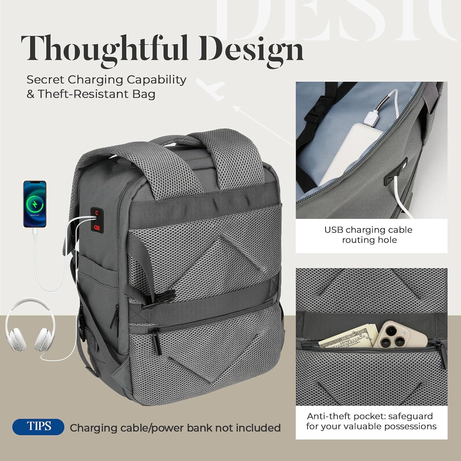 Thumbnail 3 de ZHXX for EasyJet Cabin Bag 45x36x20: 30L Underseat Backpack with Anti-Theft Design and 15.6 Inch Laptop Compartment
