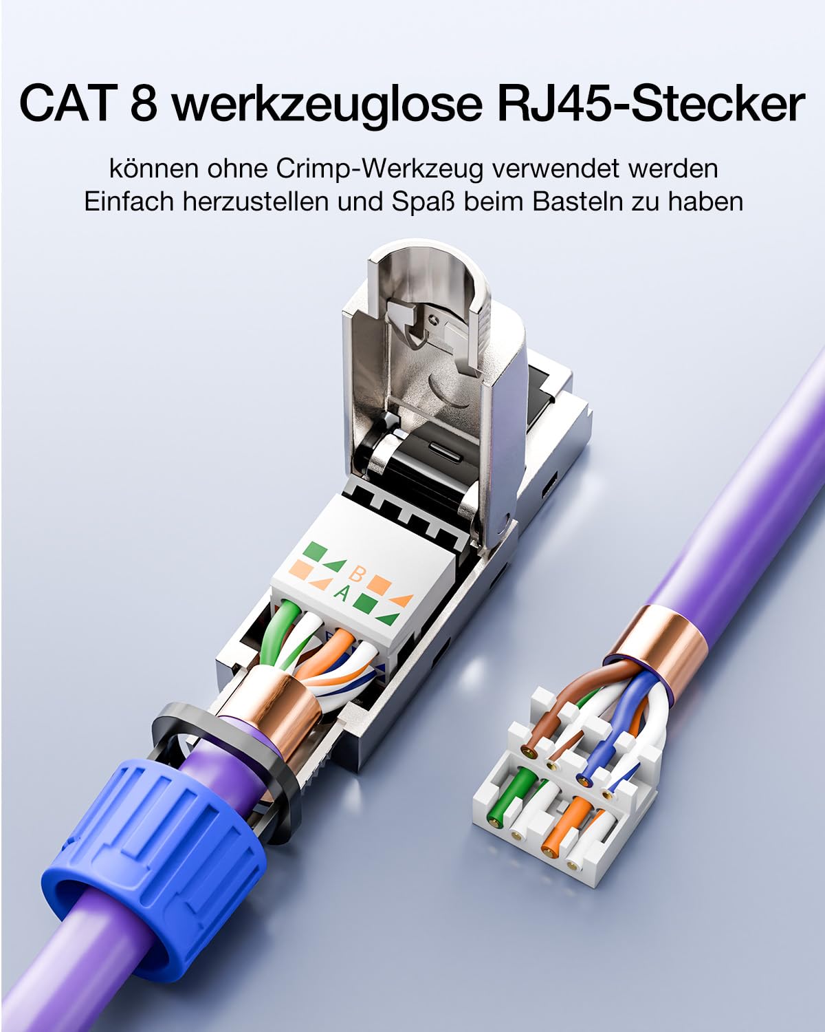 Detalle 2 de VCELINK RJ45 Stecker Werkzeuglos – Cat8/Cat7, shielded, 4 Stück
