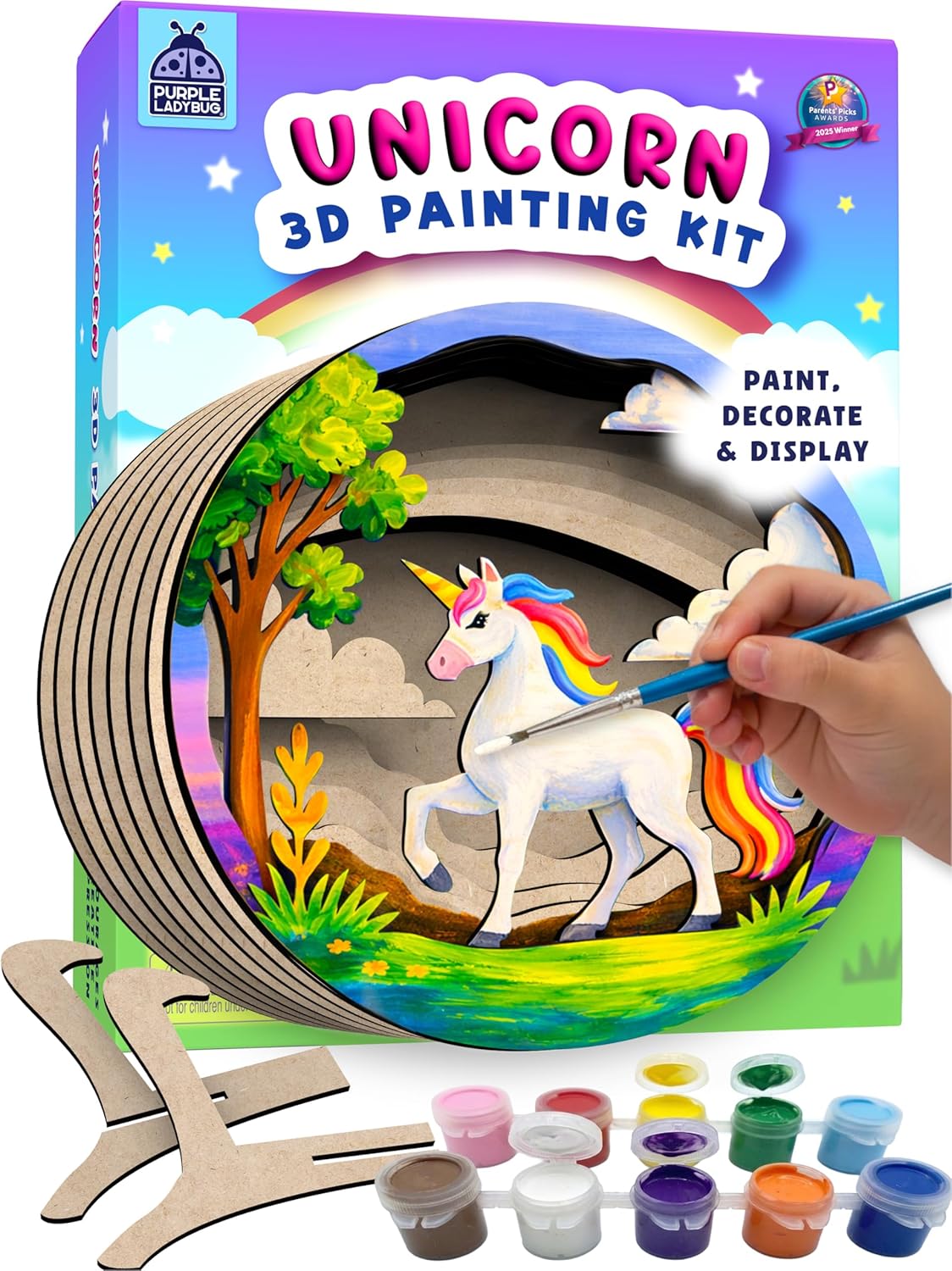 Detalle de PURPLE LADYBUG Unicorn 3D Painting Wooden Craft Kit for Kids