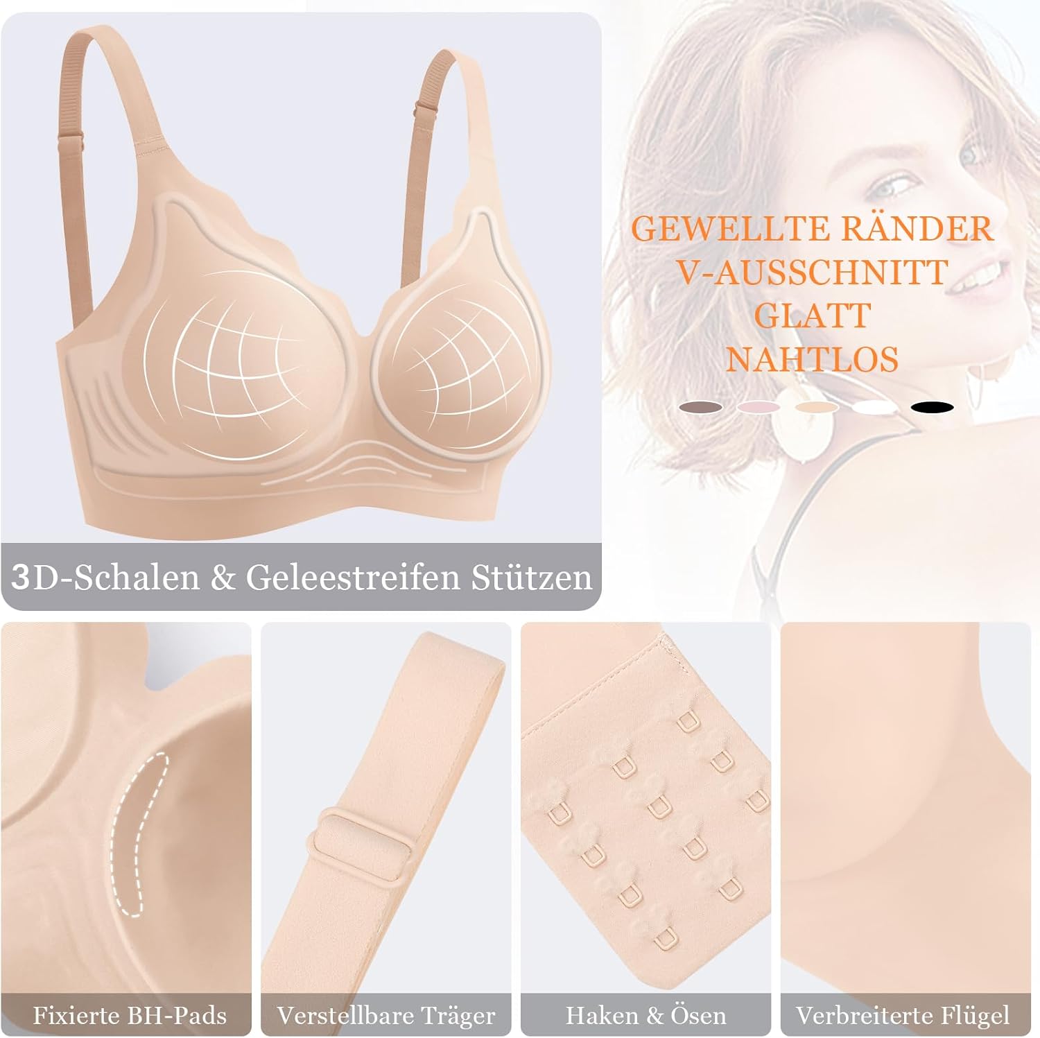 Thumbnail 2 de Ganado Damen Nahtloser BH Ohne Bügel mit Tiefem V-Ausschnitt – Bralette, Bügellos, weiche Ränder