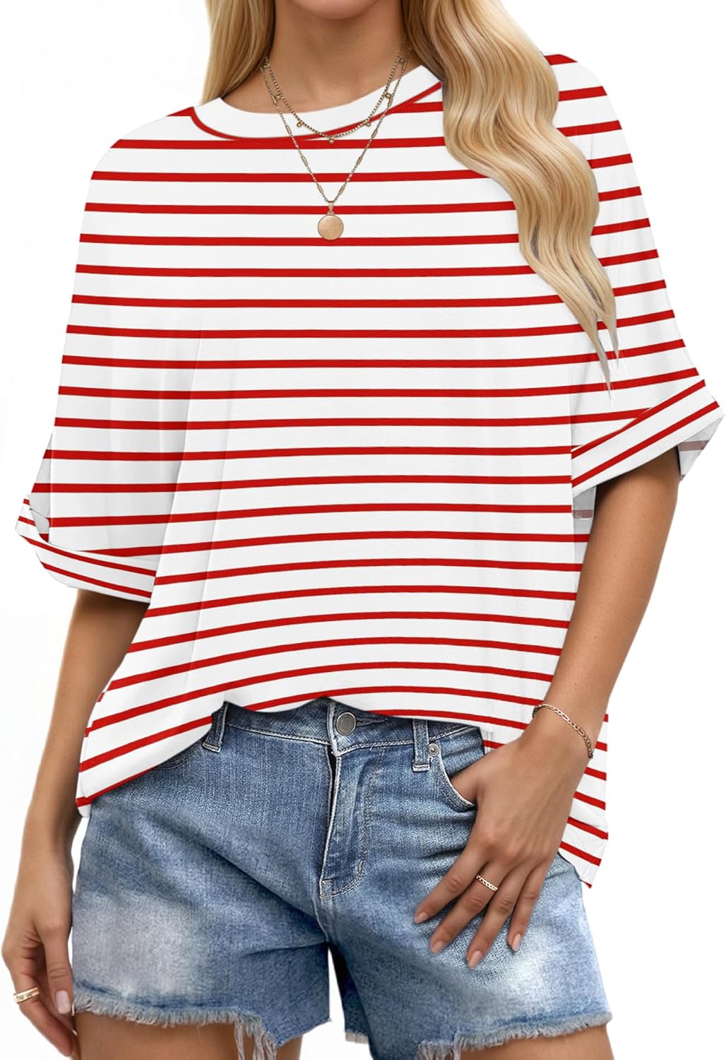Thumbnail 6 de WNEEDU Oversize Shirt Damen – Kurzarm Rundhals mit gekrempelten Ärmeln für Sommer & Alltag