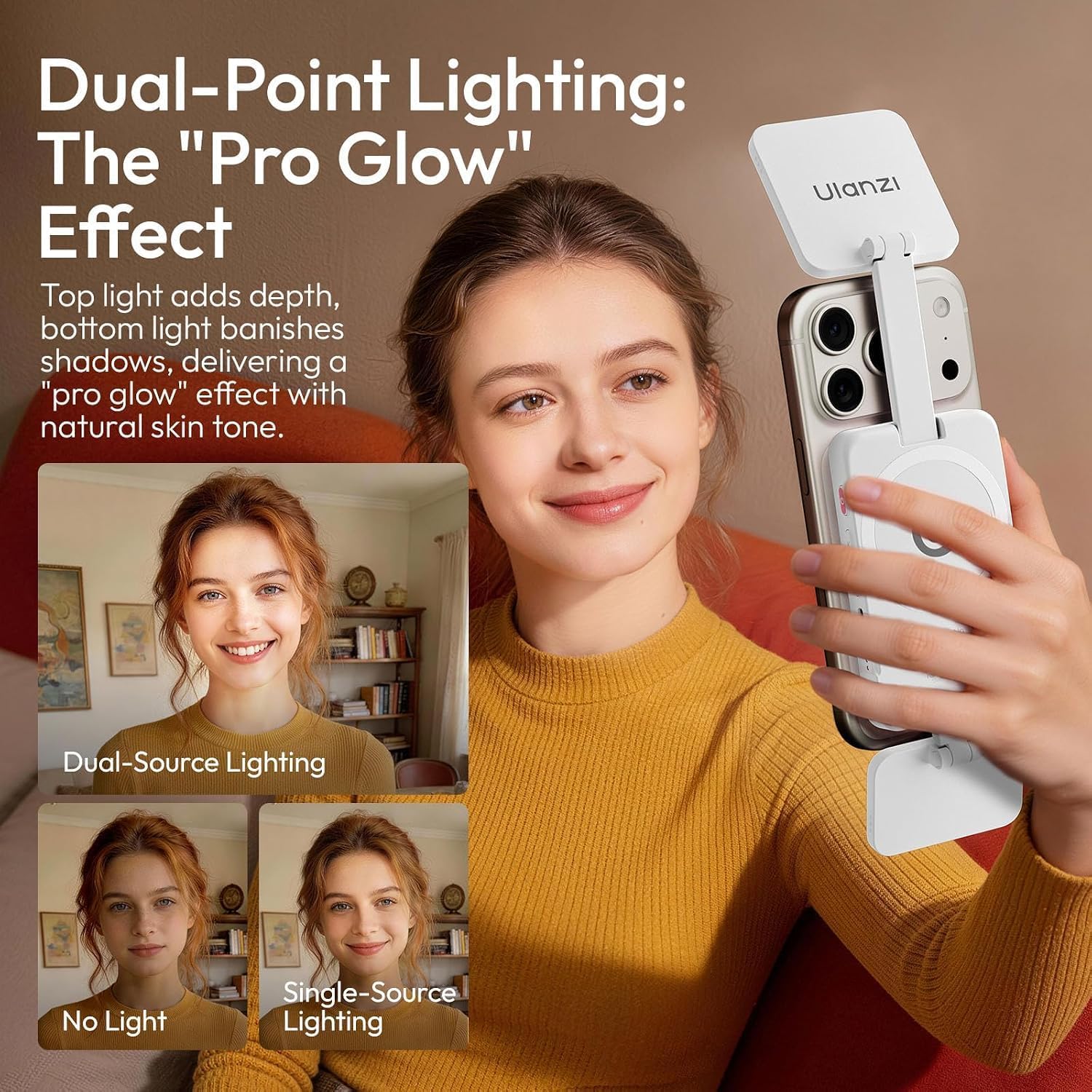 Detalle de ULANZI GL01 Magnetic Phone Light, Dual-Sided LED, 410 Lux, USB-C