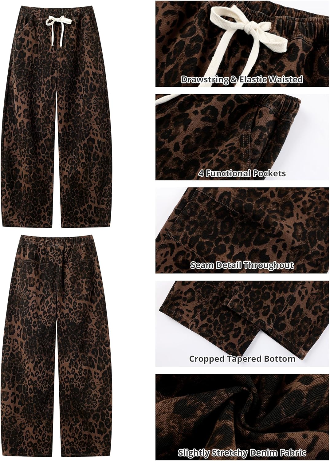 Thumbnail 5 de GRAPENT Barrel Jeans for Women: High-Waisted Pull-On Cropped Wide-Leg Leopard Print