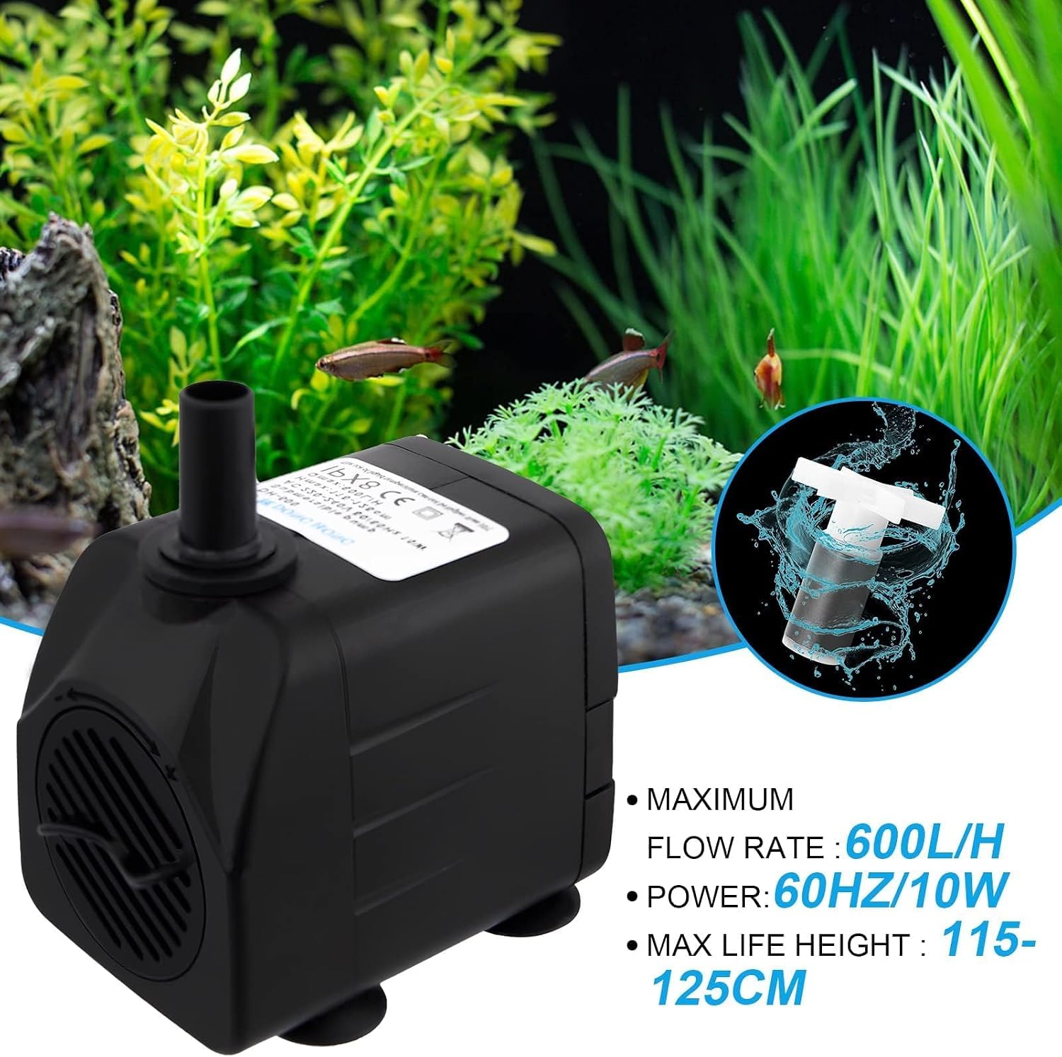 Detalle 2 de Awroutdoor Tauchpumpe 10 W (600 l/h, bis 115–125 cm) für Teich, Aquarium, Springbrunnen & Hydroponik-Systeme