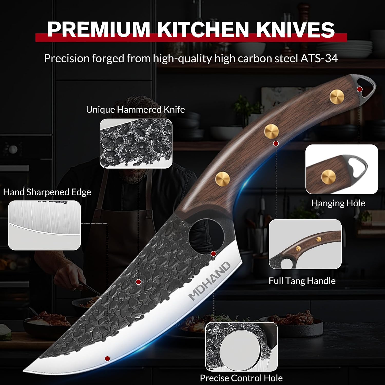 Detalle de MDHAND Bks-001 Butcher Knife Set with 7 Knives, Sharpening Rod and Roll Bag