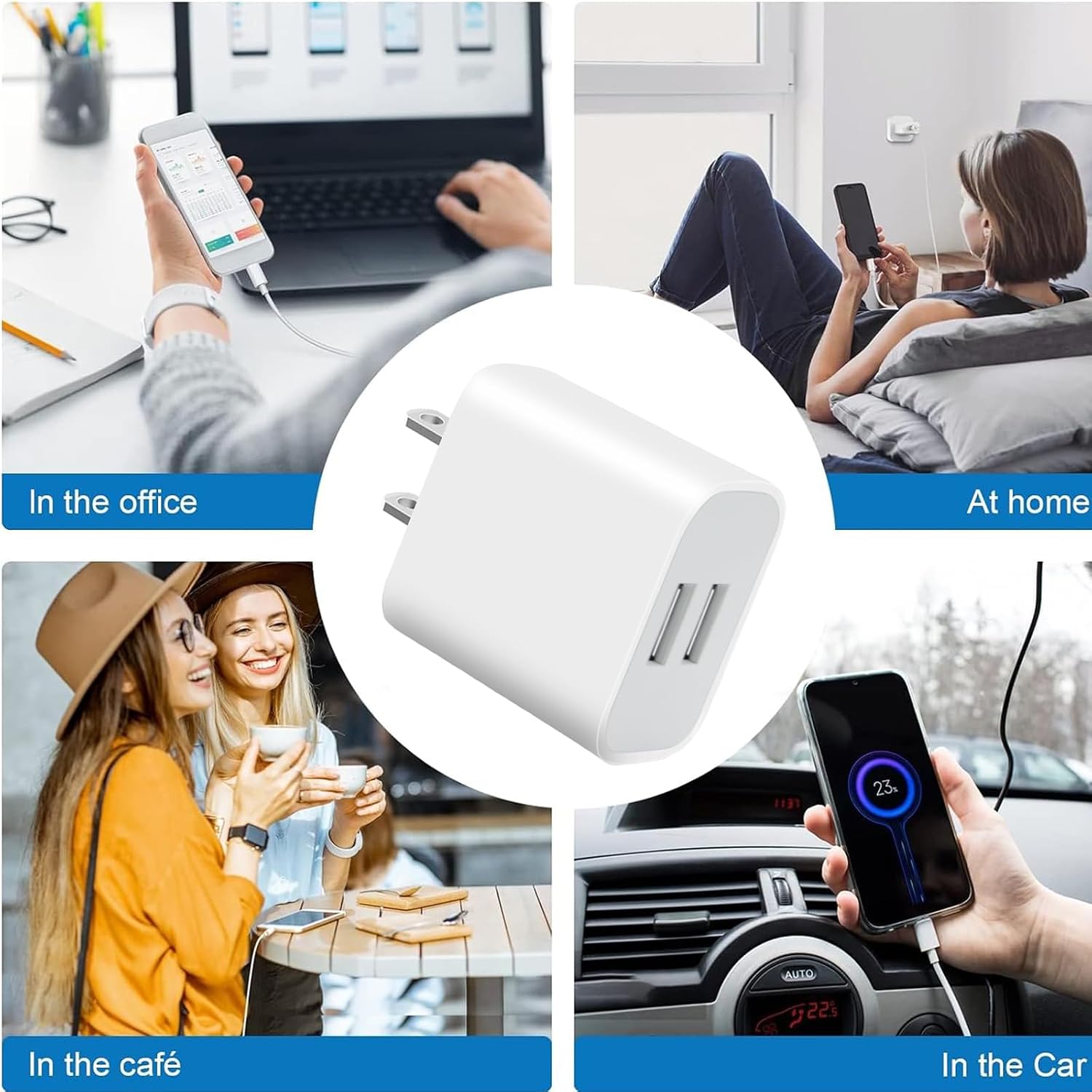 Detalle de 4 Pack Dual-Port USB Wall Chargers (White) — 5V/2.1A USB Power Adapters for iPhone, Galaxy, Pixel & More