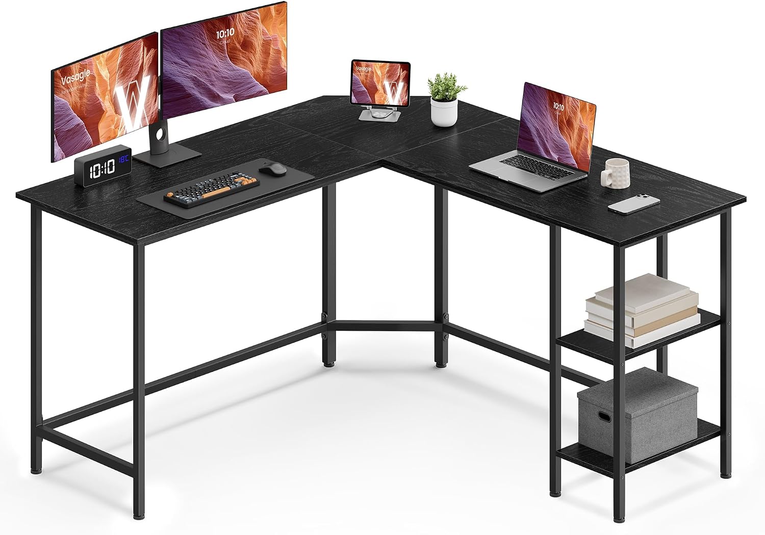 Detalle de VASAGLE BARNET LWD072B56 L-hoekbureau met 2 planken, zwart, 138 x 138 cm