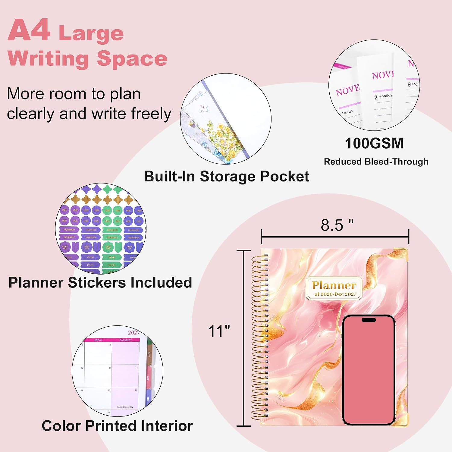 Detalle 2 de CAGIE 2026–2027 18-Month Planner, Pink Marble Hardcover, 8.5" x 11