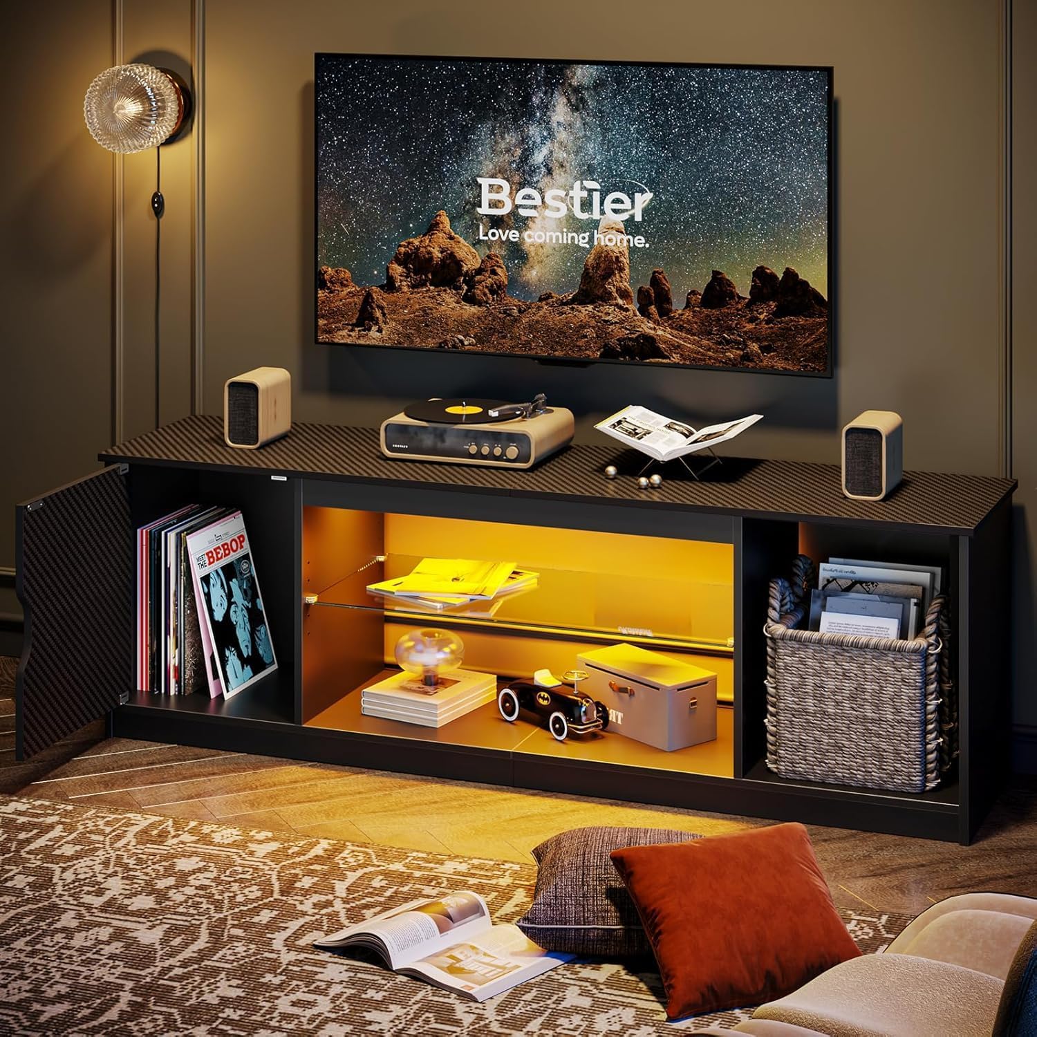Detalle 2 de Bestier mobile TV con luci LED RGB e ripiani in vetro regolabili per TV fino a 65 pollici
