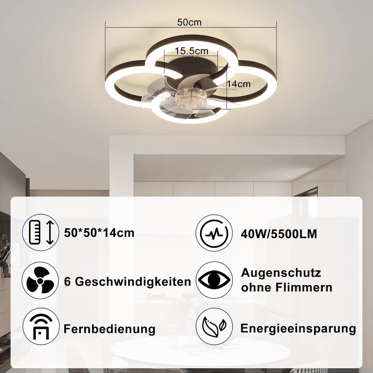 Thumbnail 4 de Homefire LED Deckenventilator mit Beleuchtung, 40 W – leise, dimmbar und mit Fernbedienung