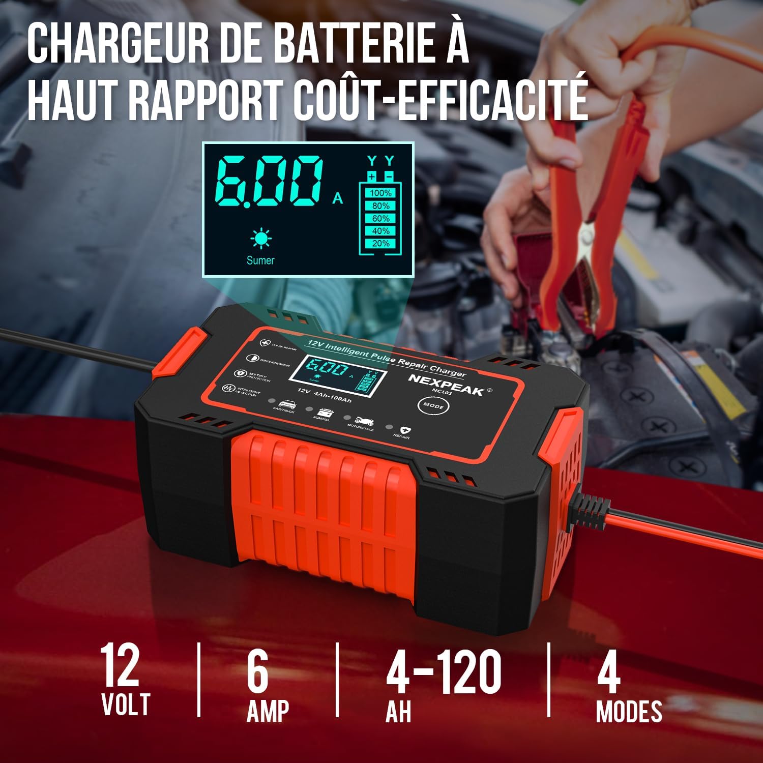 Detalle de NEXPEAK 6A Chargeur de Batterie 12V – Chargeur intelligent et réparation pour auto et moto