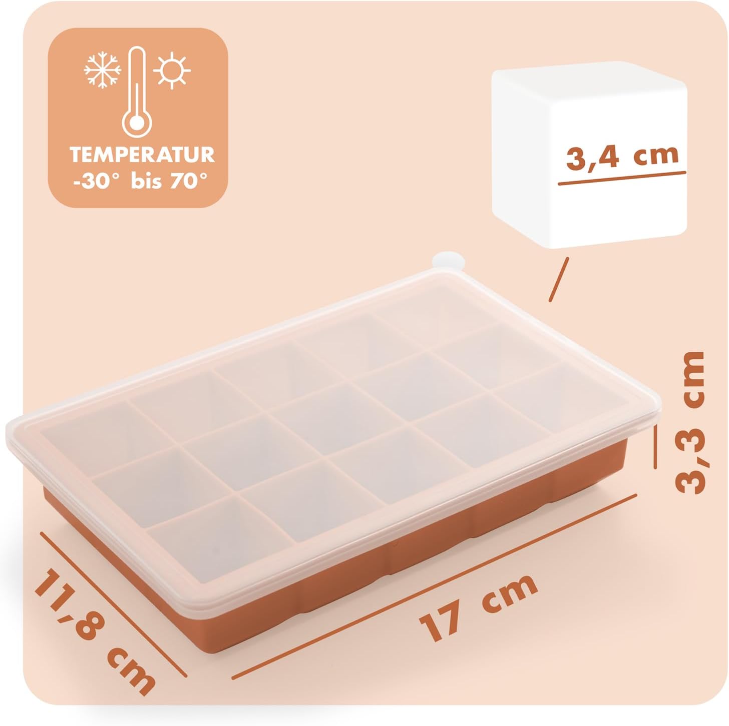 Thumbnail 3 de Blumtal Silikon-Eiswürfelformen 3er-Set: 15er Fächer pro Form mit Deckel, BPA-frei, lebensmittelecht, Olivgrün/Mineralrot