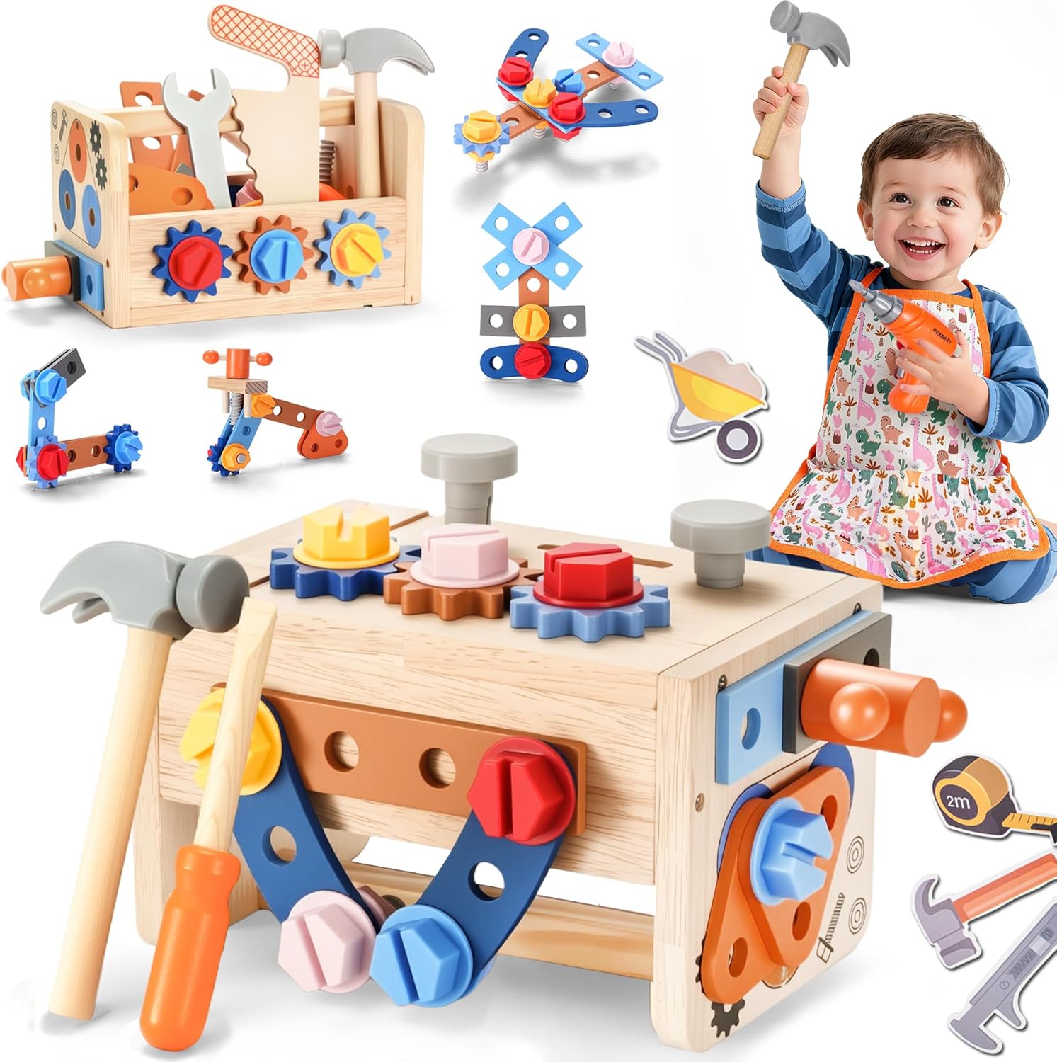 REXBETI Kids Tool Set with Electric Drill (43-Piece Wooden Toddler Bench)