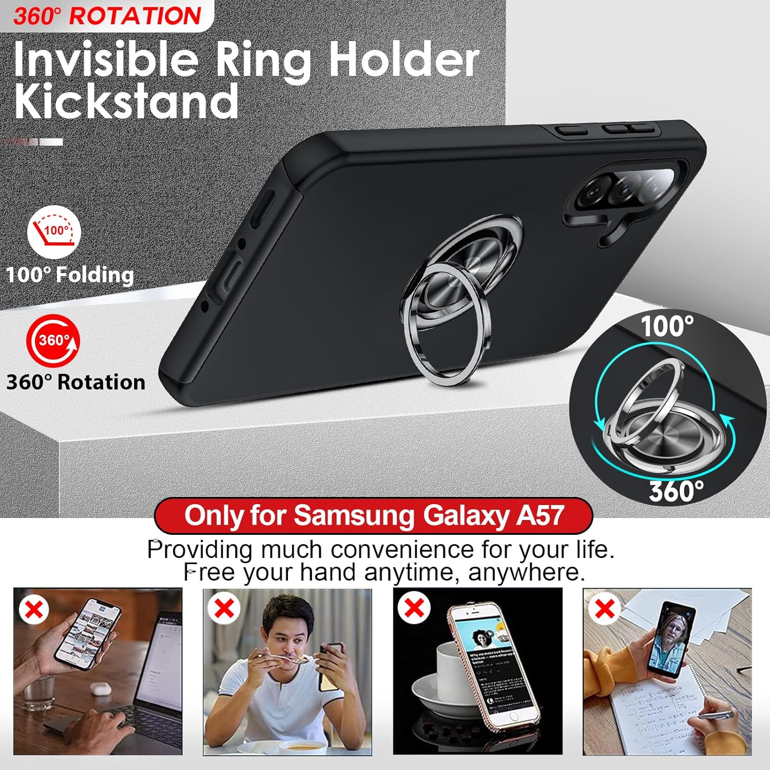Thumbnail 1 de LeYi Samsung A57 5G Phone Case with 2 Tempered Glass Screen Protectors & Ring Stand – Black