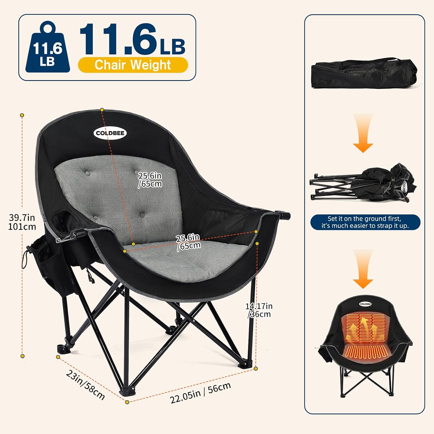 Detalle de Coldbee PW-RC749C-HS1 Heated Oversized Camping Chair, USB Heating, 500-lb Capacity
