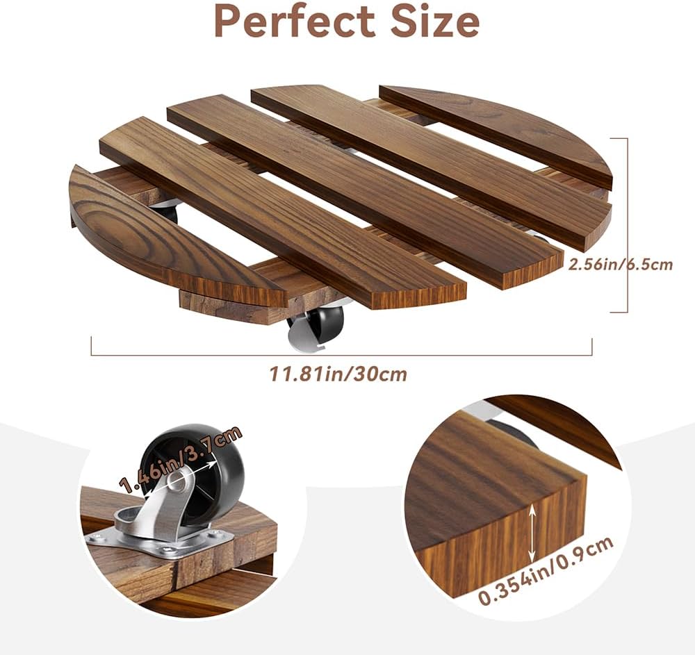 Detalle 2 de Lissomballon 12-Inch Wood Plant Caddies, 2-Pack with Locking 360° Wheels