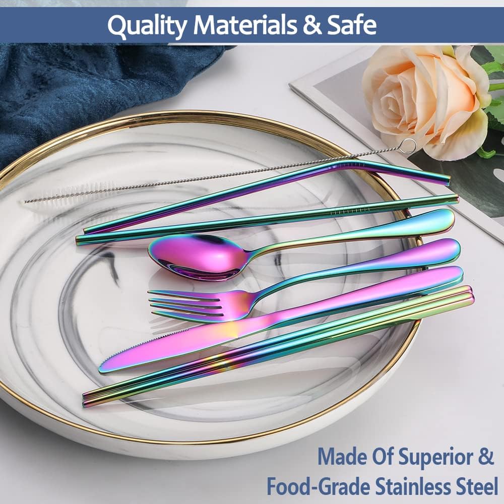 Detalle de Hommaly Rainbow Stainless Steel Travel Utensil Set with Case, Chopsticks and Straws
