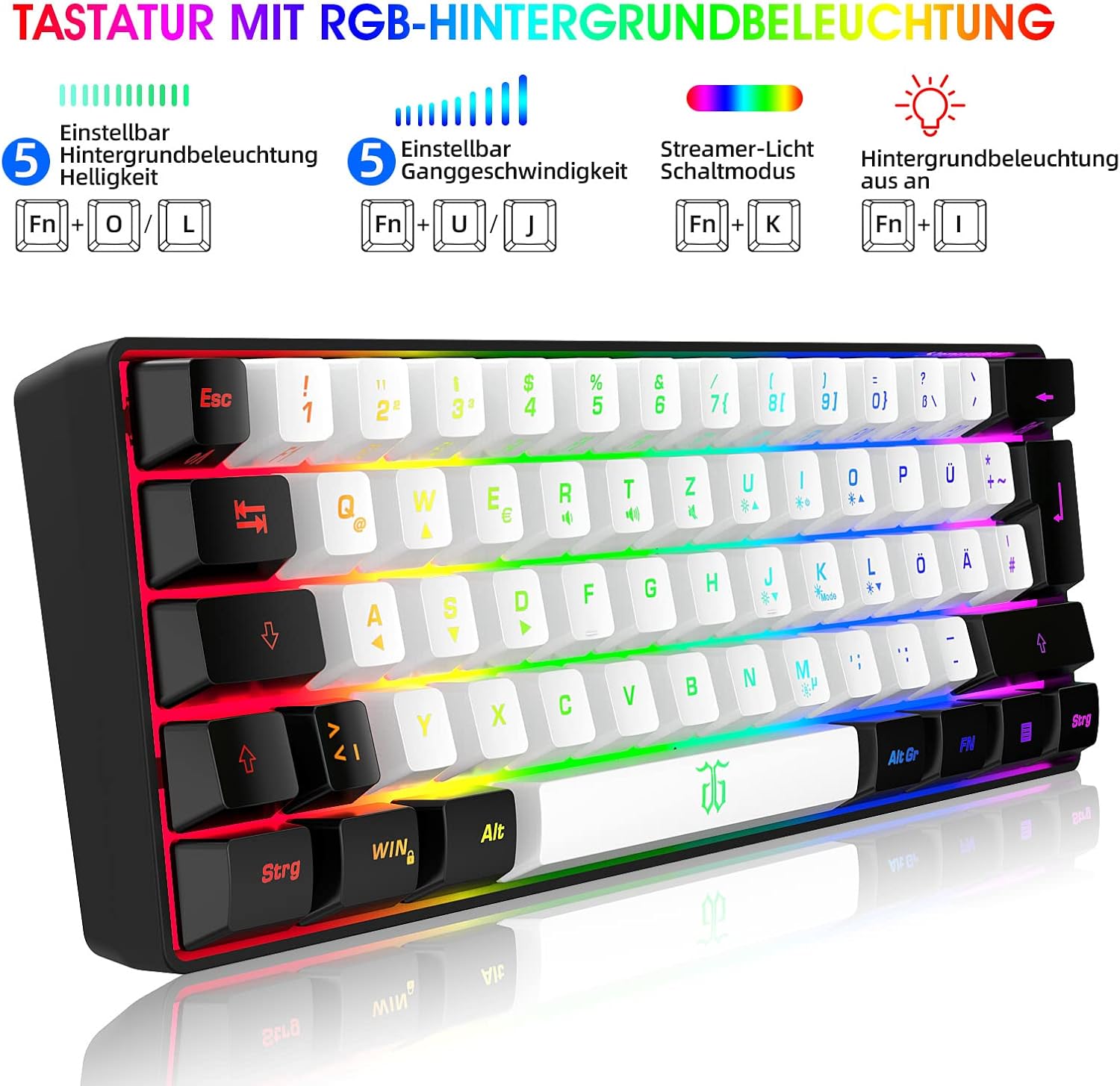 Thumbnail 1 de Snpurdiri 60% Percent Gaming-Tastatur (schwarz/weiß, deutsches Alphabet, ohne Ziffernblock)