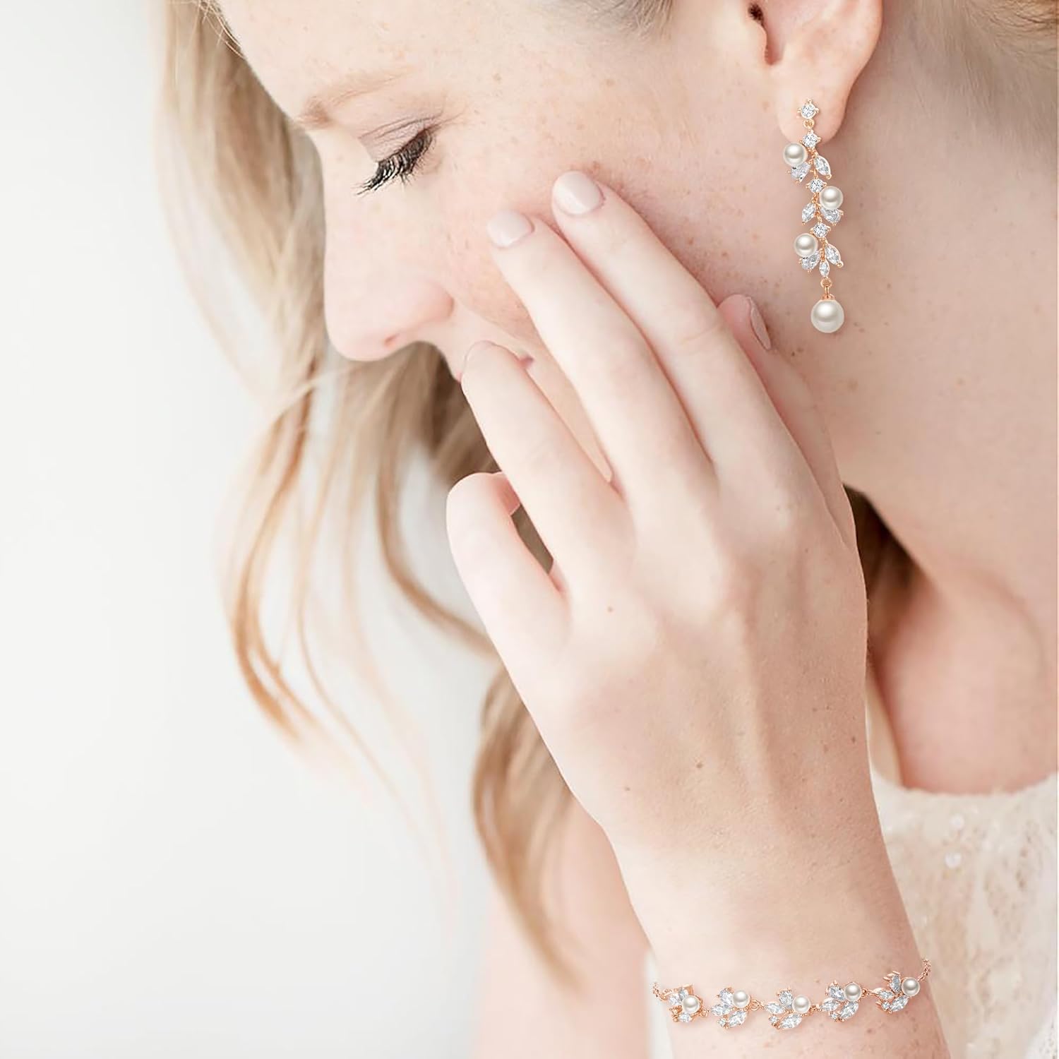 Thumbnail 2 de Parure de bijoux de mariée Clearine avec perle marquise, zircons et collier boucles d’oreilles + bracelet ivoire