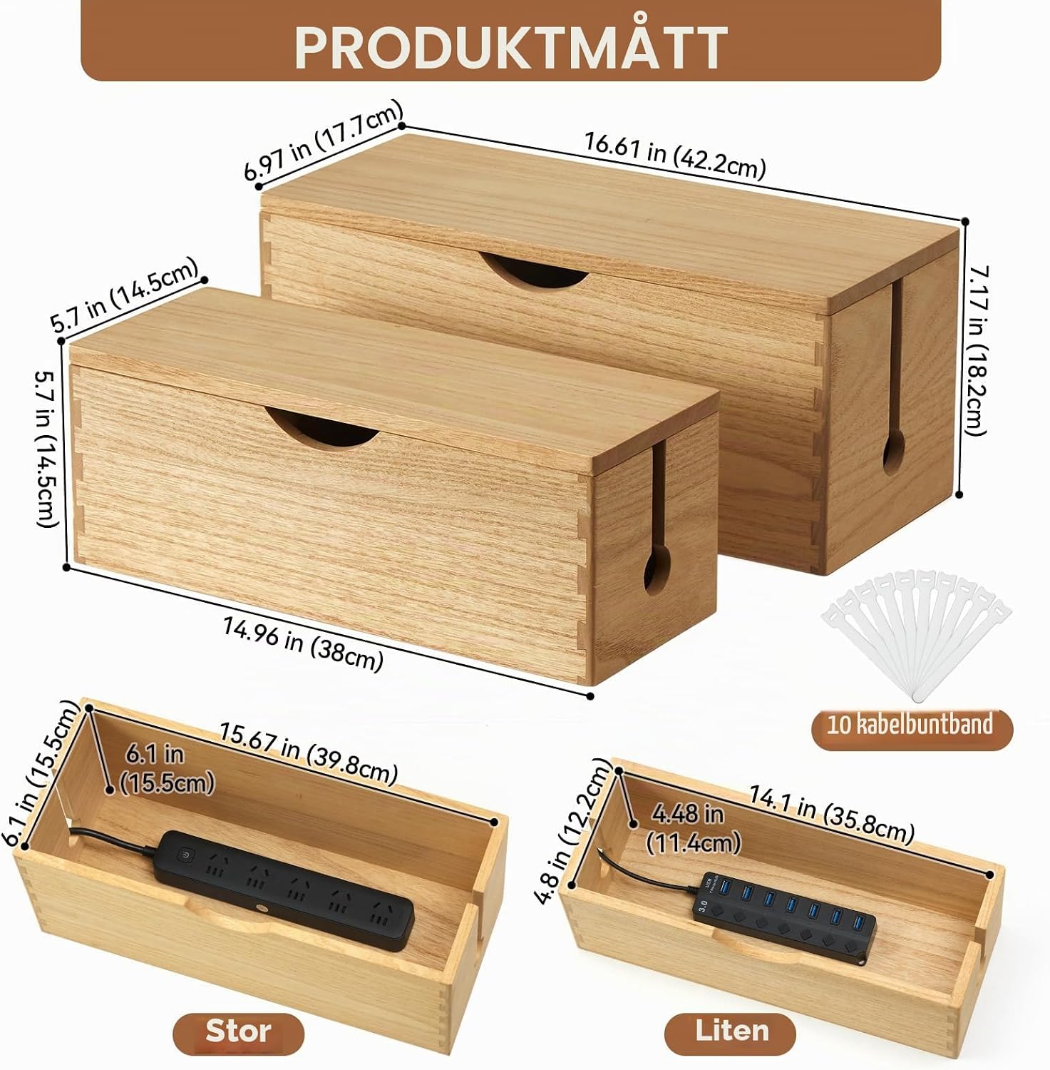 Detalle de KIRIGEN kabelbox i massivt Paulowniaträ, 2-pack i natur