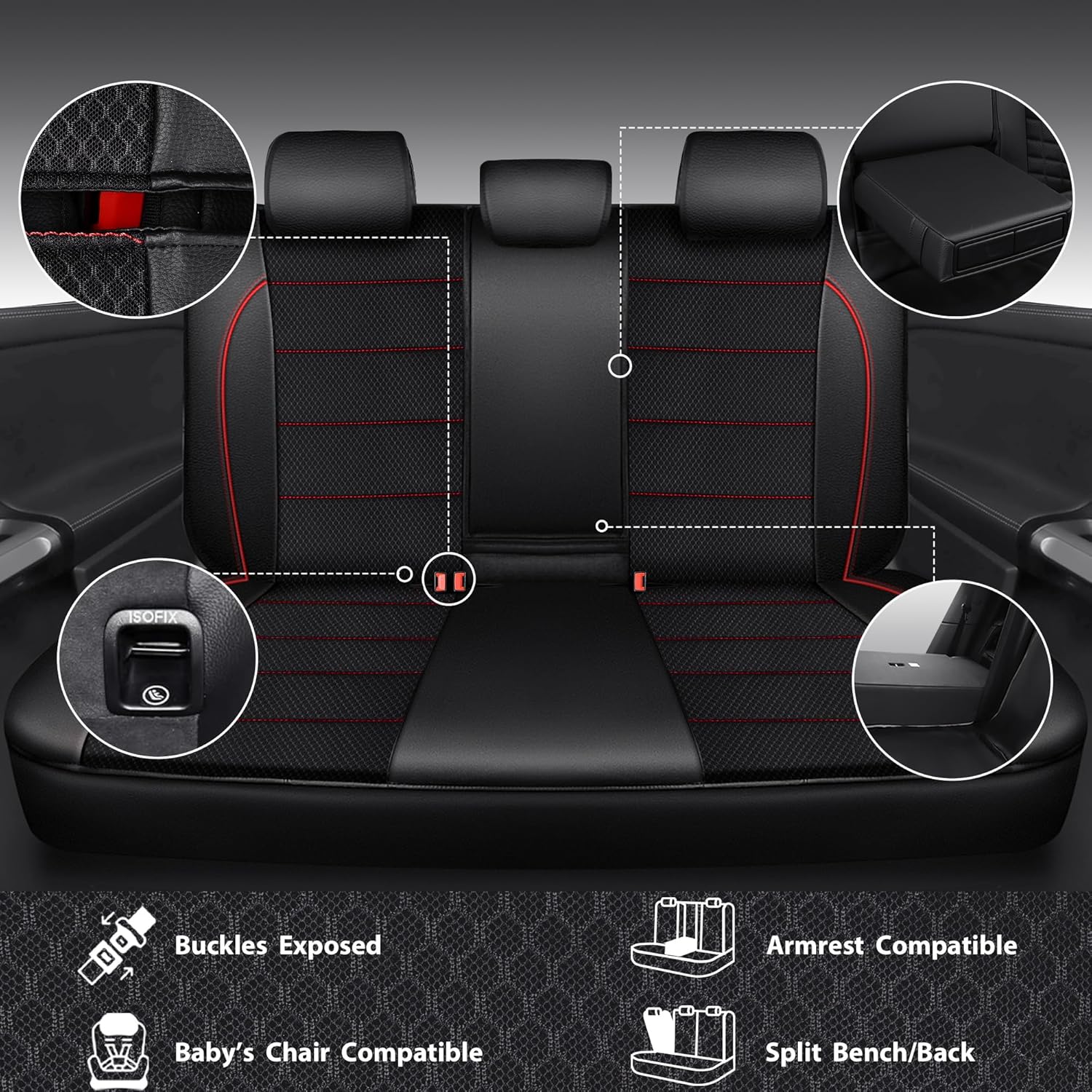 Thumbnail 5 de CAR PASS Mesh Leather Car Seat Covers Full Set (Airbag Compatible) — Black and Red