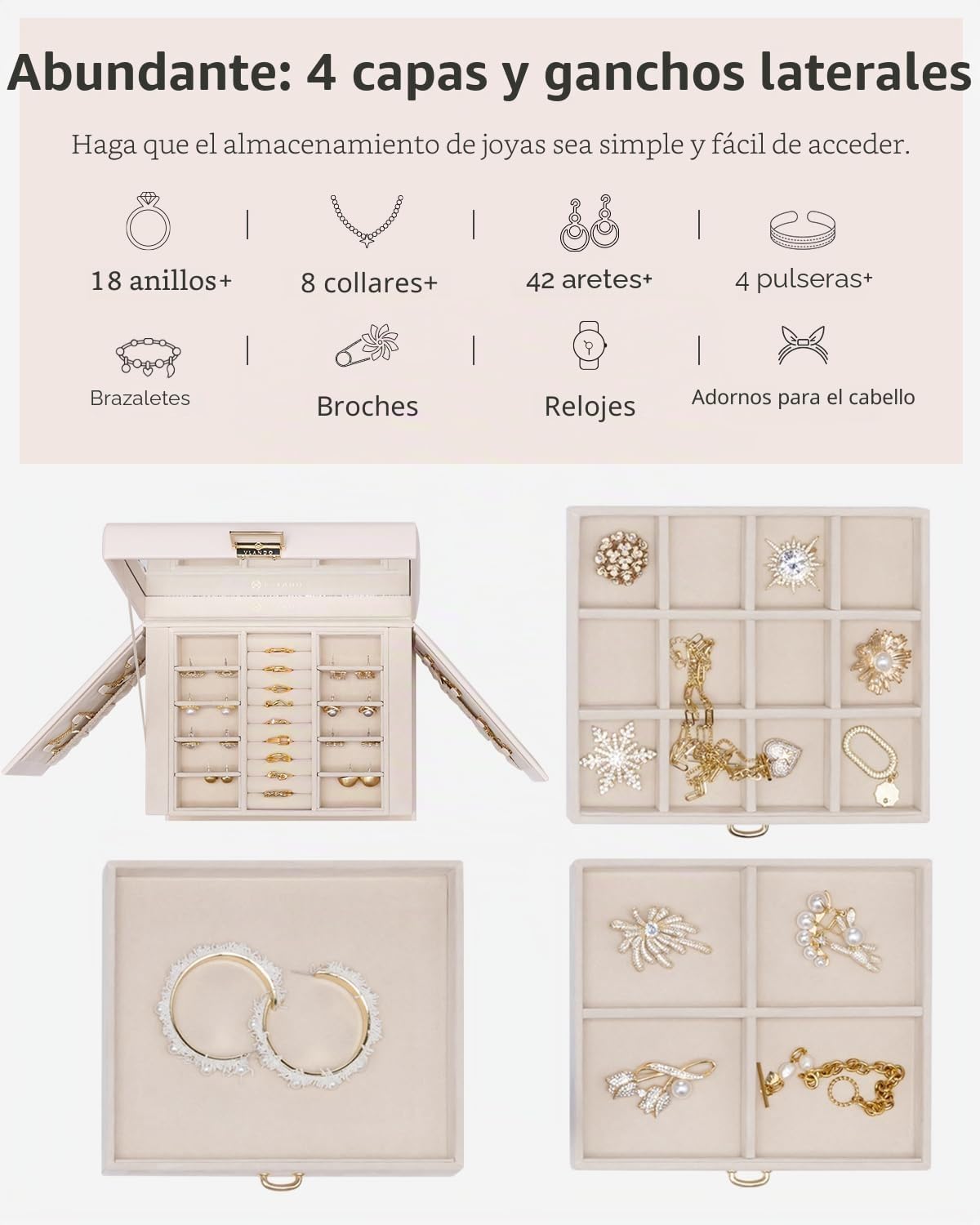 Detalle de Vlando joyero grande 4 niveles beige