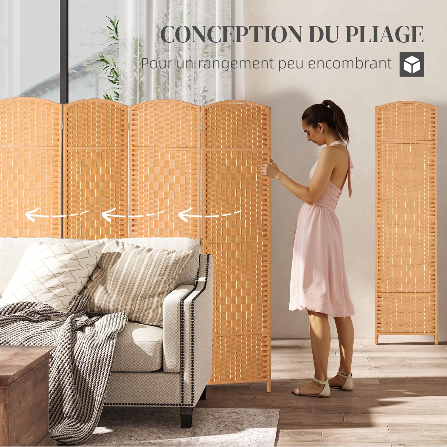 Thumbnail 2 de HOMCOM Paravent intérieur en Bois, 4 Panneaux – 180 x 180 cm, pliable, brun clair