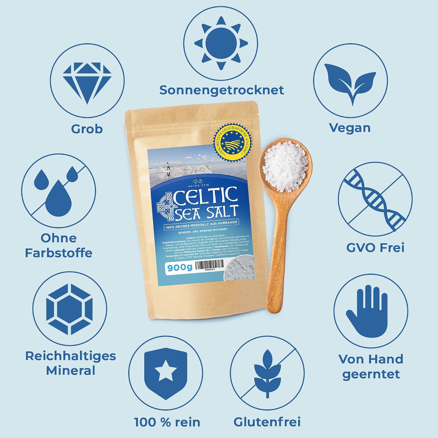 Detalle de AVIDA ZEN Celtic Sea Salt 900 g – keltisches Meersalz aus Guérande, handgeerntet, grau, naturbelassen