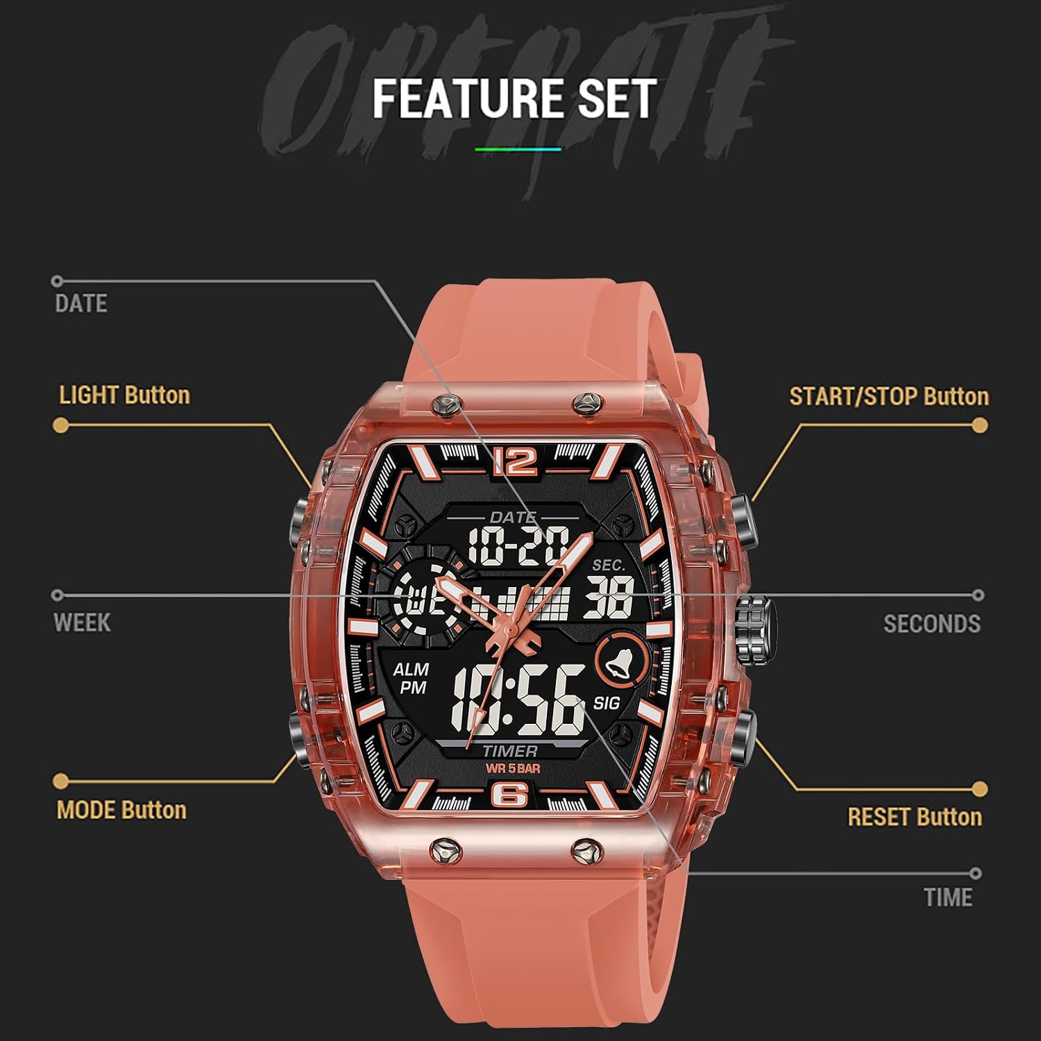 Detalle de findtime Herren Uhr – Tonneau/Rectangle Stylische Armbanduhr mit Alarm, Stoppuhr, Kalender und Dualzeit