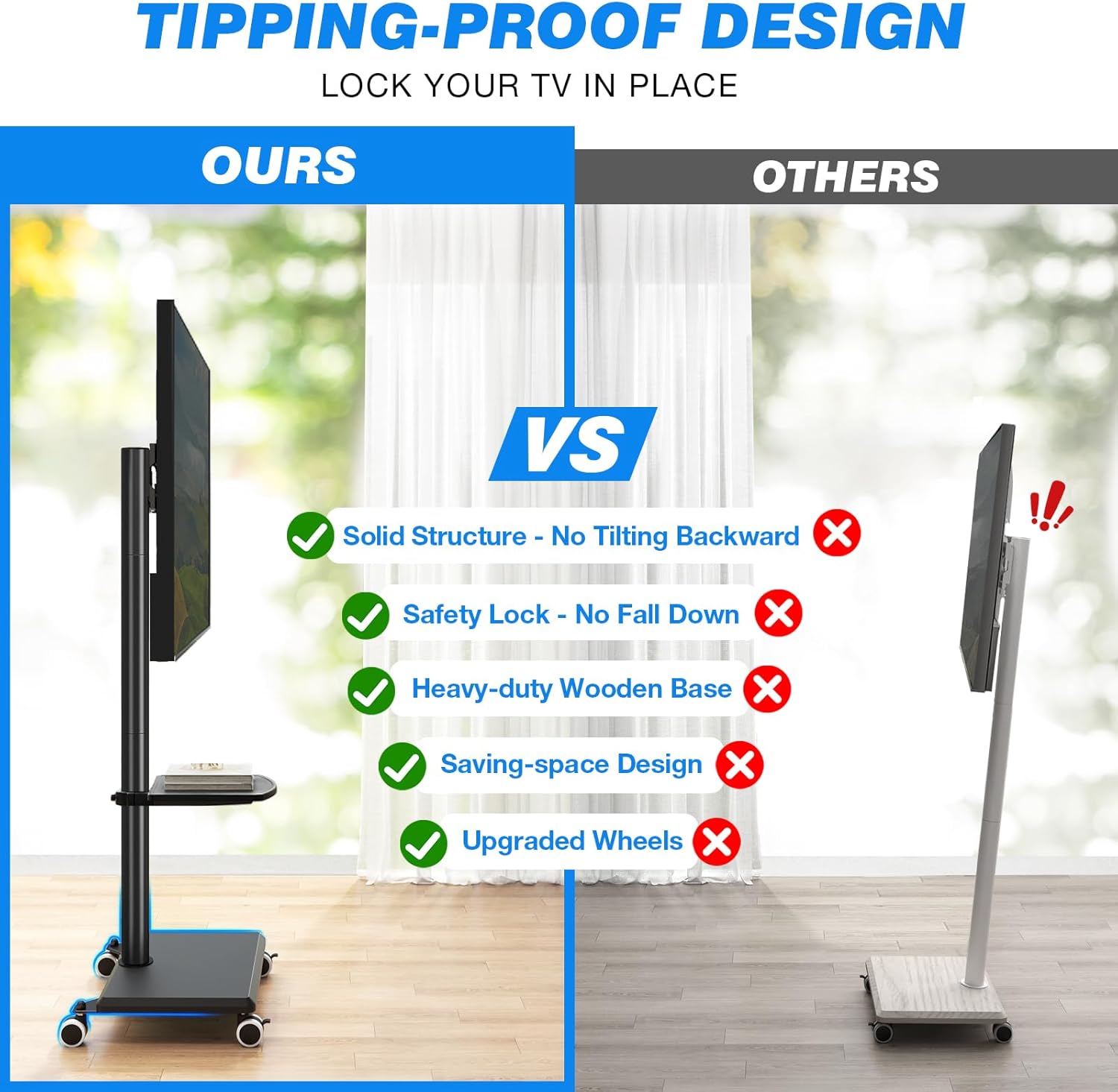 Thumbnail 6 de 5Rcom support TV sur pied à roulettes (VESA 400×400) pivotant et réglable en hauteur pour écrans 27 à 55 pouces, base en bois (noir)