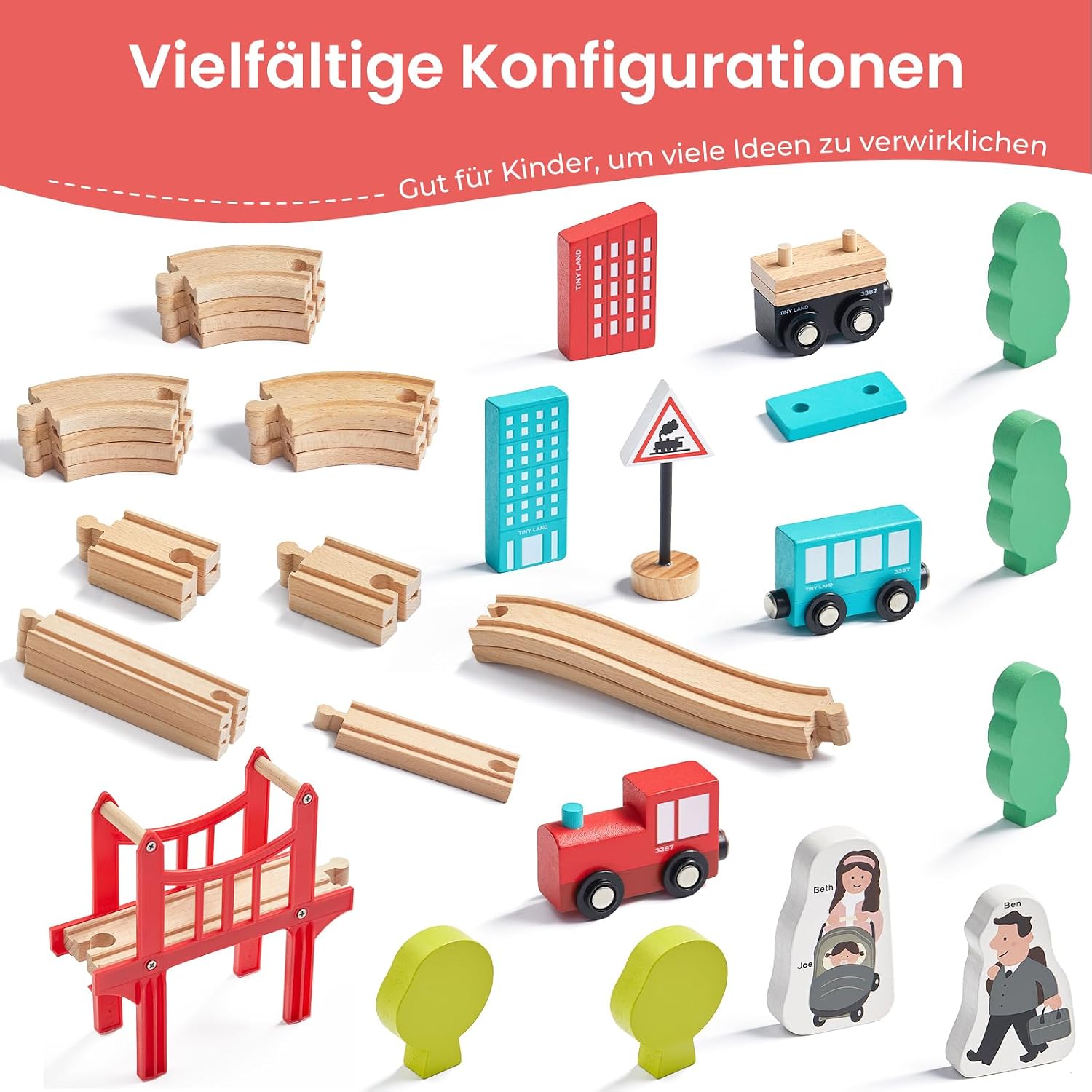 Detalle de Tiny Land Holz-Eisenbahn-Set 39-teilig mit Schienen, Brücke und Figuren (ab 3 Jahren)