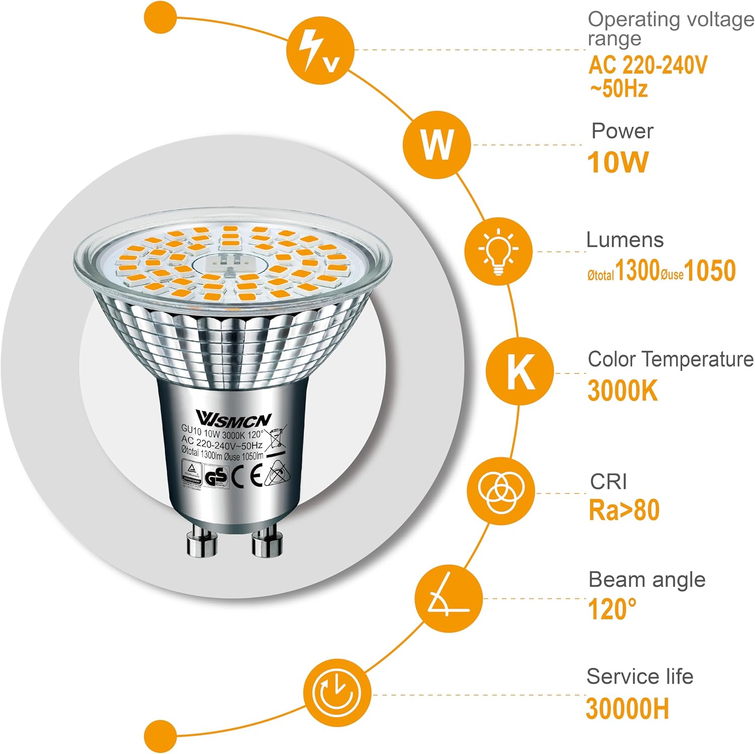 Detalle 2 de WSMCN GU10 LED Warmweiß Lampe 10W, 4er-Pack – 1050 lm, 3000K, Nicht Dimmbar