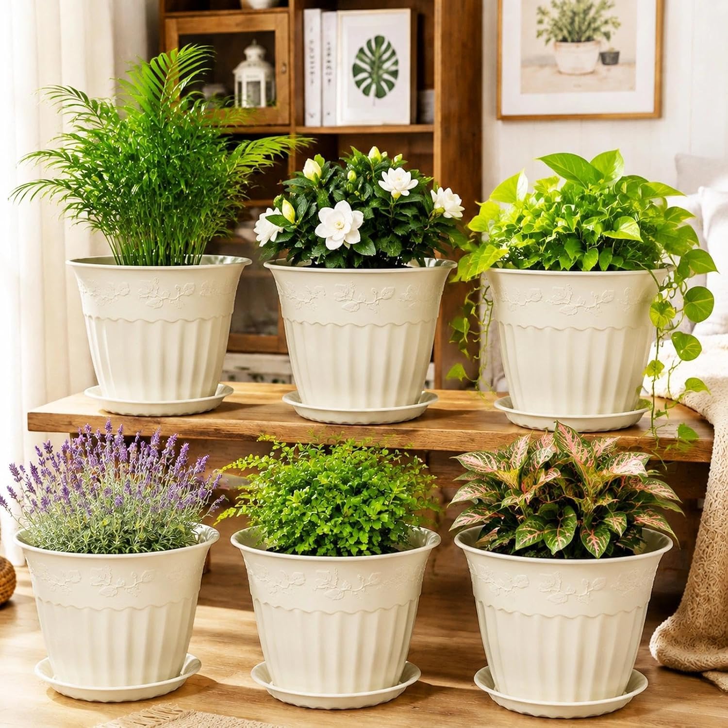 Detalle de ZMTECH 10-Inch Plant Pots, 6-Pack with Saucers, Ivory Cream
