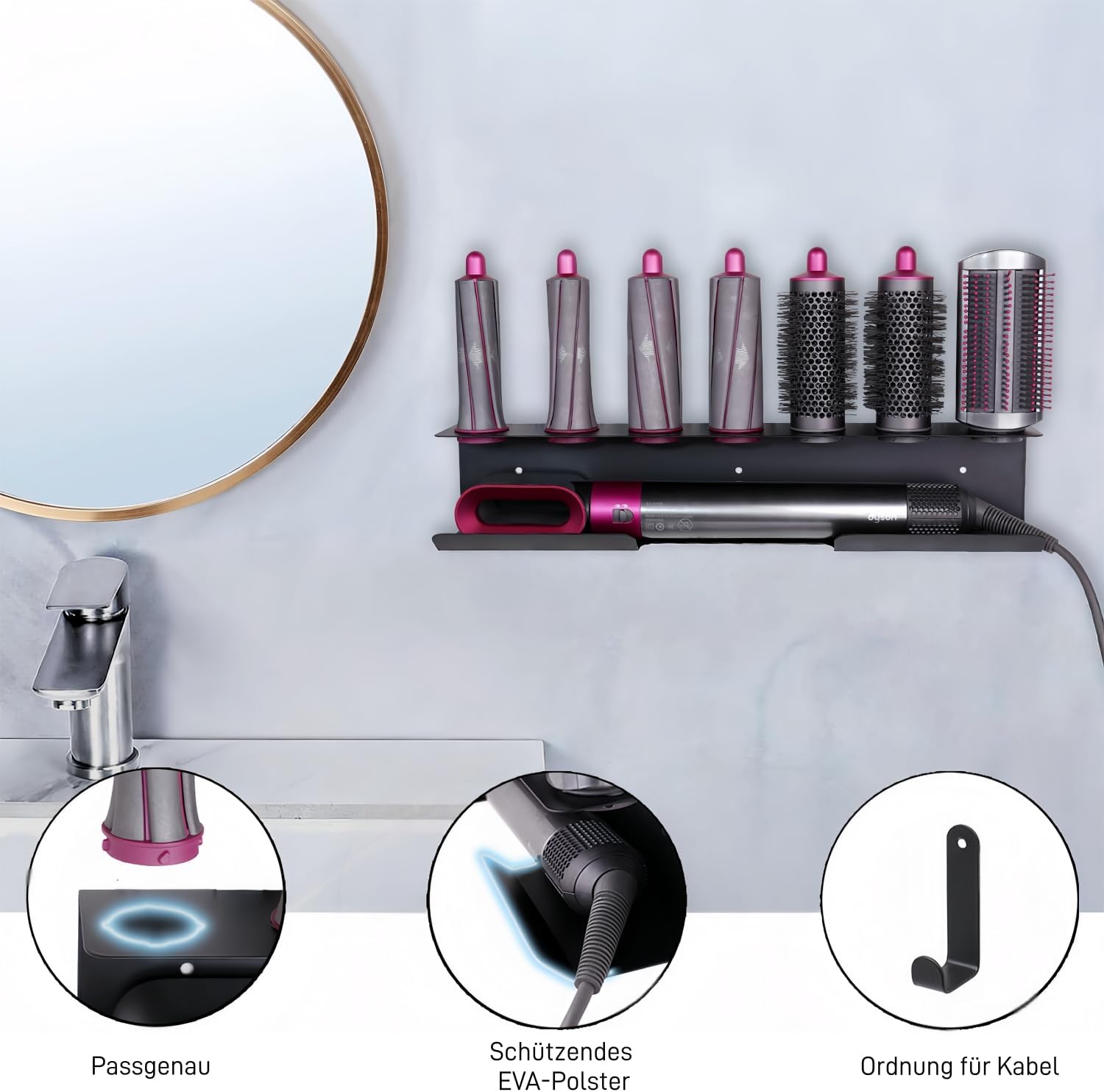 Thumbnail 4 de Bowyune Dyson Airwrap Halterung (Aluminium) – Wandhalter ohne Bohren, 7 Steckplätze für Airwrap-Zubehör, Schwarz