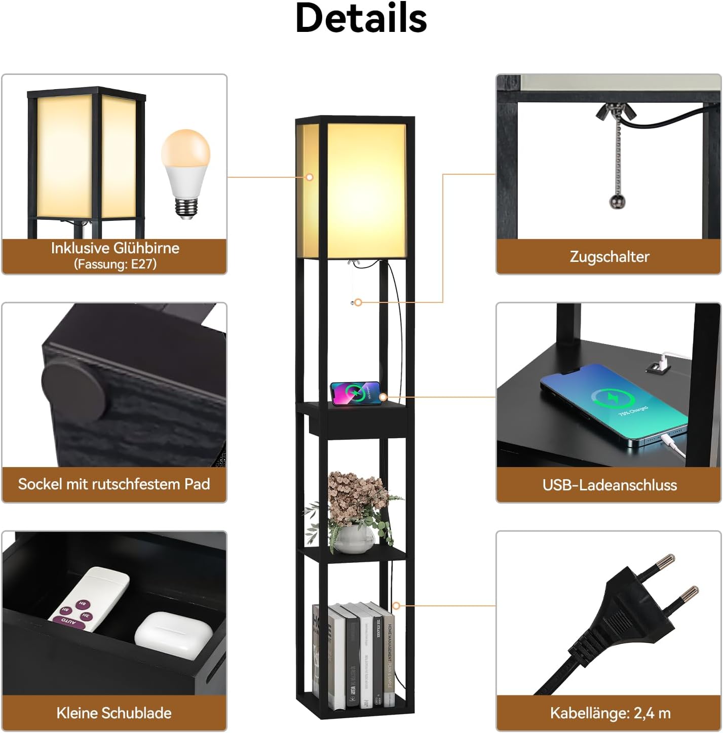 Detalle 2 de Fullwatt Stehlampe mit Holzregal 160 cm