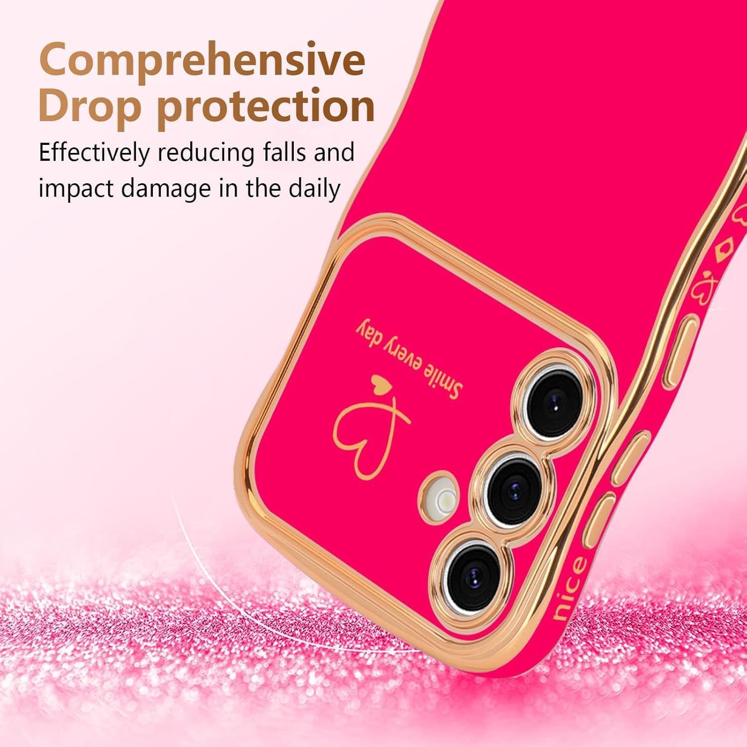 Detalle de Unichthy Love Heart Basic Case for Samsung Galaxy A57 – Glossy Wave Design, Curly Shape, Gold Plated Accents
