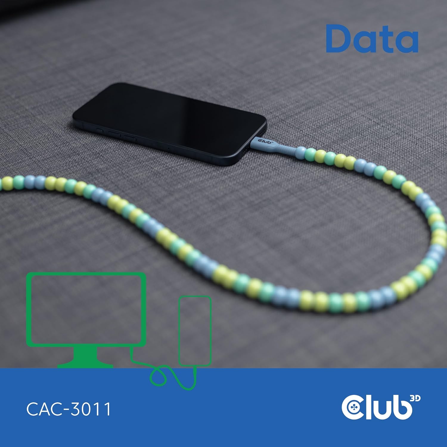 Thumbnail 5 de Club 3D CAC-3011 USB-C Perlenkabel Blau – Datenkabel bis USB 480 Mbit/s, bis 60 W