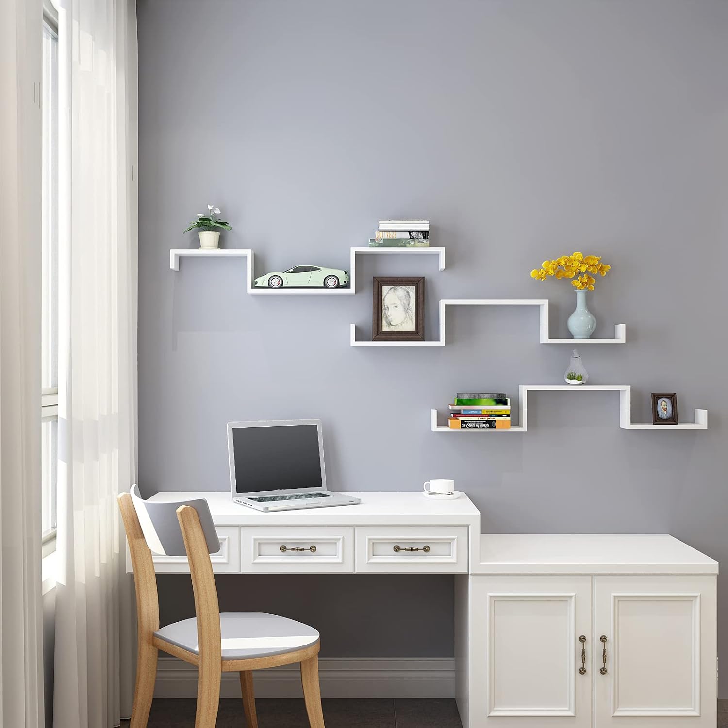 Detalle de SONGMICS LWS40WT Floating Wall Shelves, Set of 3, White Gloss Finish