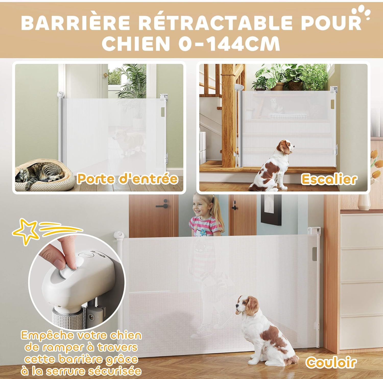 Thumbnail 3 de PawHut barrière de sécurité rétractable pour chien (largeur 149 cm) avec verrouillage automatique