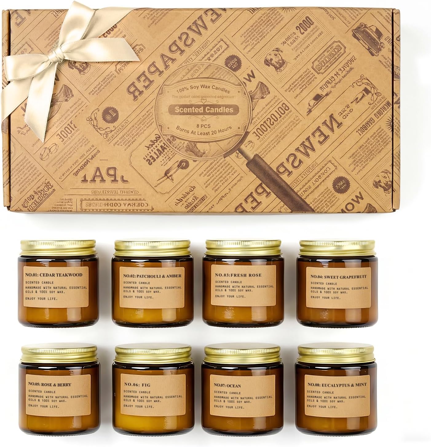 Detalle de Scented Candles for Home: 8-Pack Soy Wax Gift Set in Vintage Amber Jars