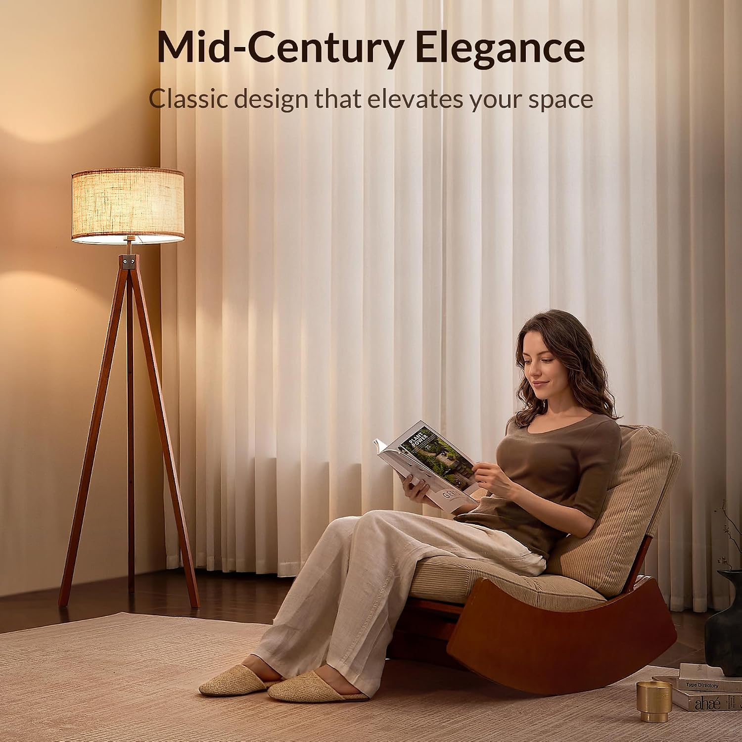 Detalle de LEPOWER Tripod Floor Lamp, Mid-Century Wood Base, Linen Shade, E26 Socket