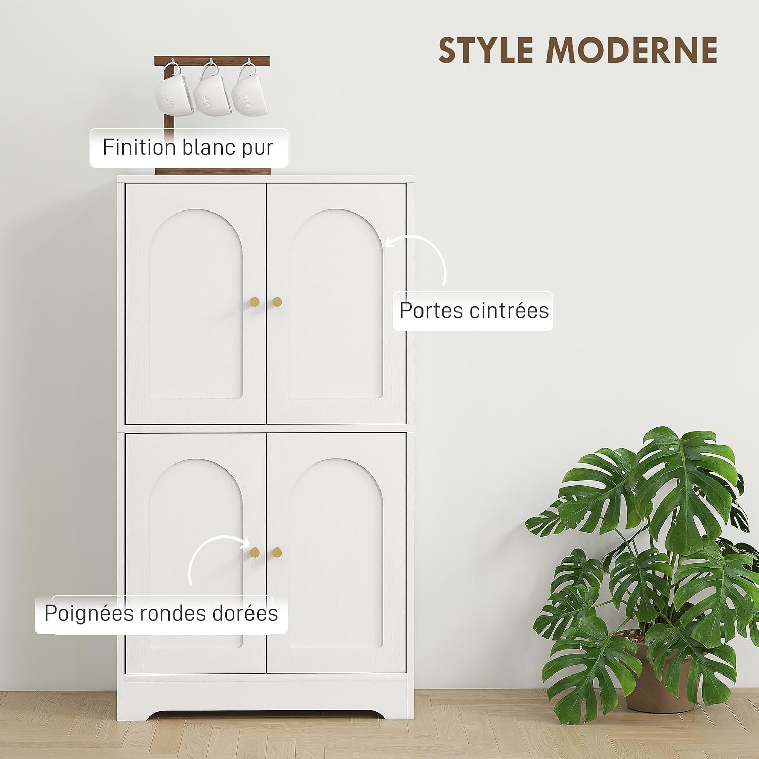 Detalle de HOMCOM Buffet cuisine moderne avec 4 portes cintrées et étagères réglables, blanc 60 x 30 x 110 cm