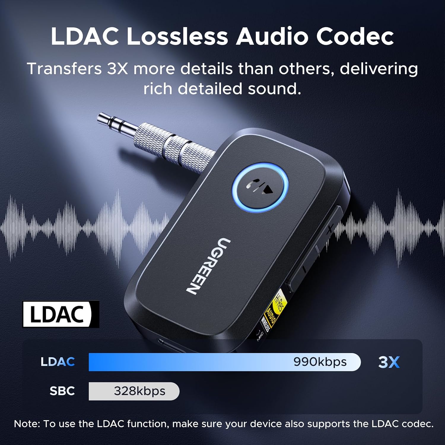 Detalle de UGREEN AUX Bluetooth 6.0 Adapter for Car LDAC — Handsfree & Dual Device