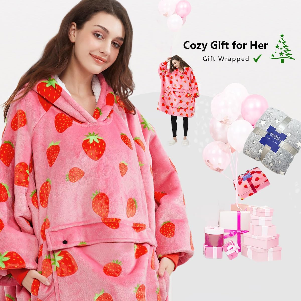Thumbnail 5 de KFUBUO Wearable Blanket Hoodie for Adults Sherpa Strawberry Blanket Hoodie