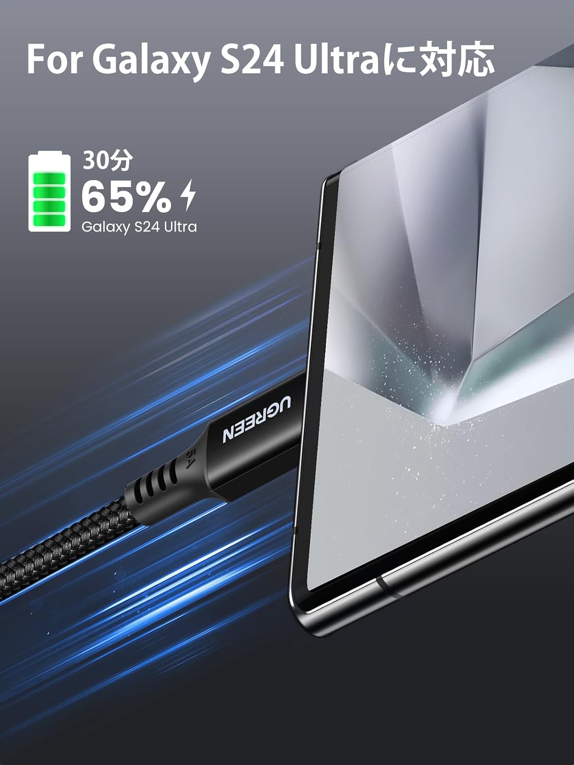 Detalle 2 de UGREEN USB Type-Cケーブル 1m、最大100W・5A対応、ナイロン編組、480Mbpsデータ転送