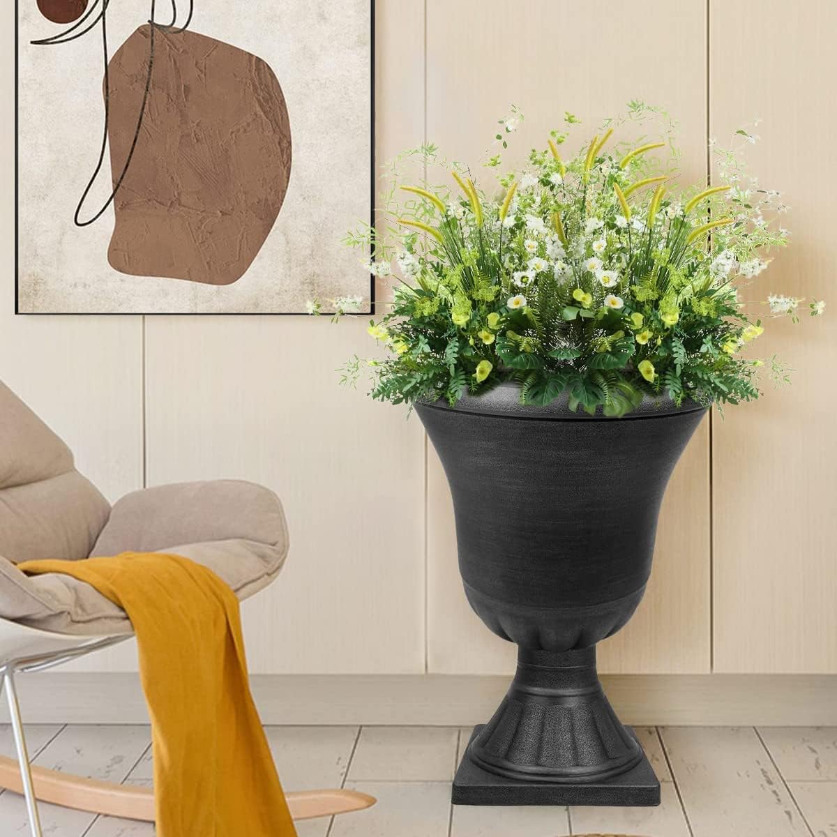 Detalle 2 de Worth Tall Round Urn Planters, 2-Pack, Black, 22 in. with Drainage Plugs