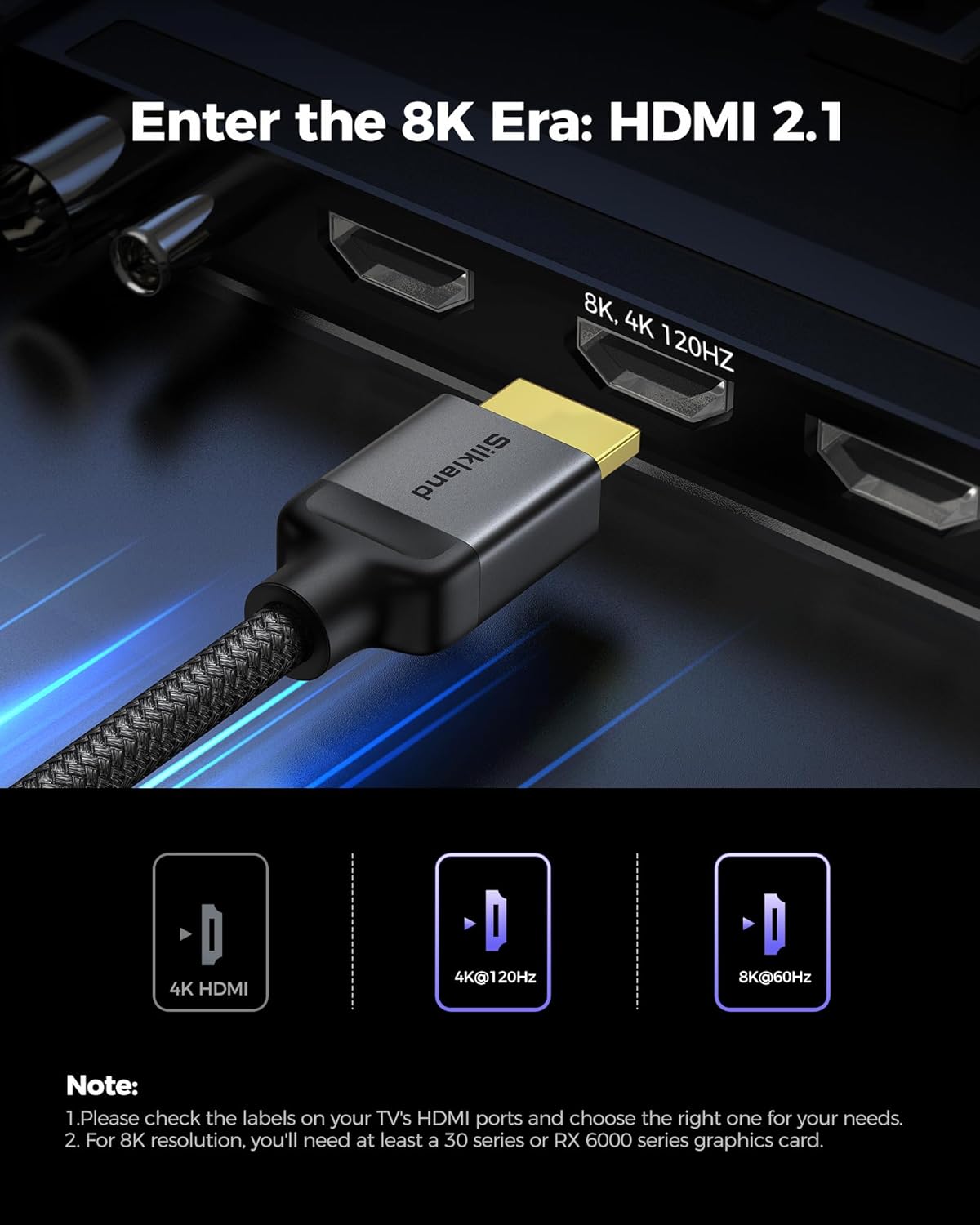 Detalle de Silkland 10K 8K HDMI 2.1 Kabel 1,5 m – zertifiziert, 48 Gbit/s, 4K@120 Hz, eARC HDR10+